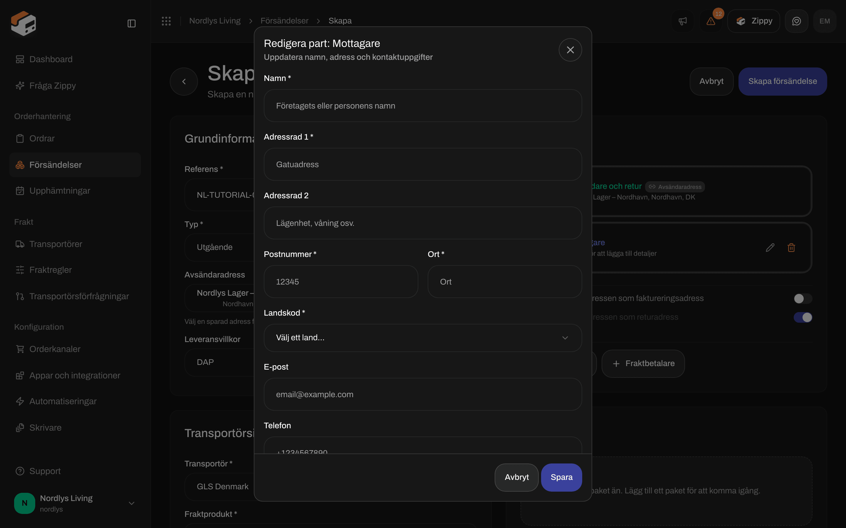 Fönstret Redigera part: Mottagare med namn, adress, postnummer, ort, landväljare, e-post och telefon