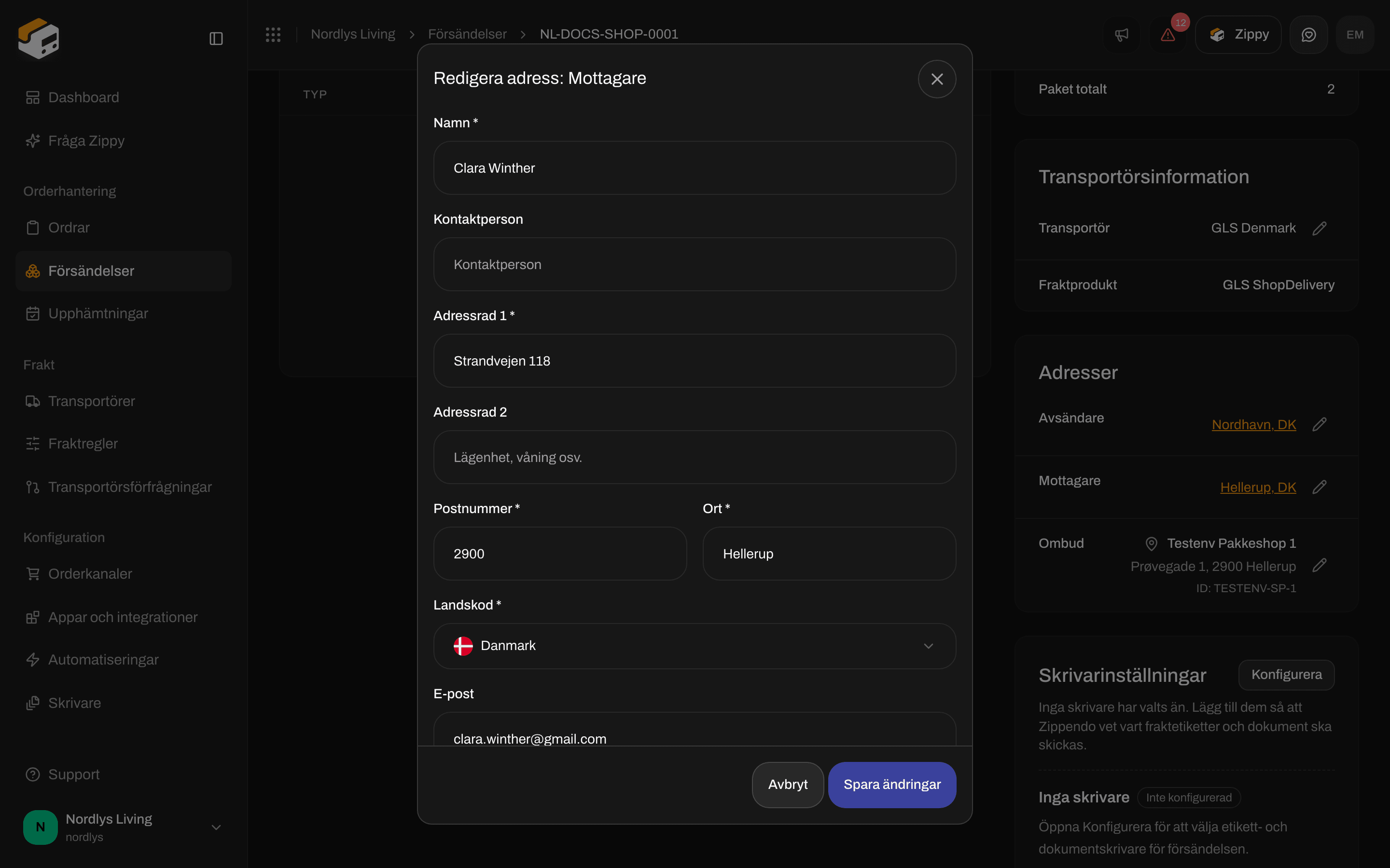 Fönstret Redigera adress: Mottagare med Kontaktperson, adressrader, postnummer, ort, land, e-post och telefon
