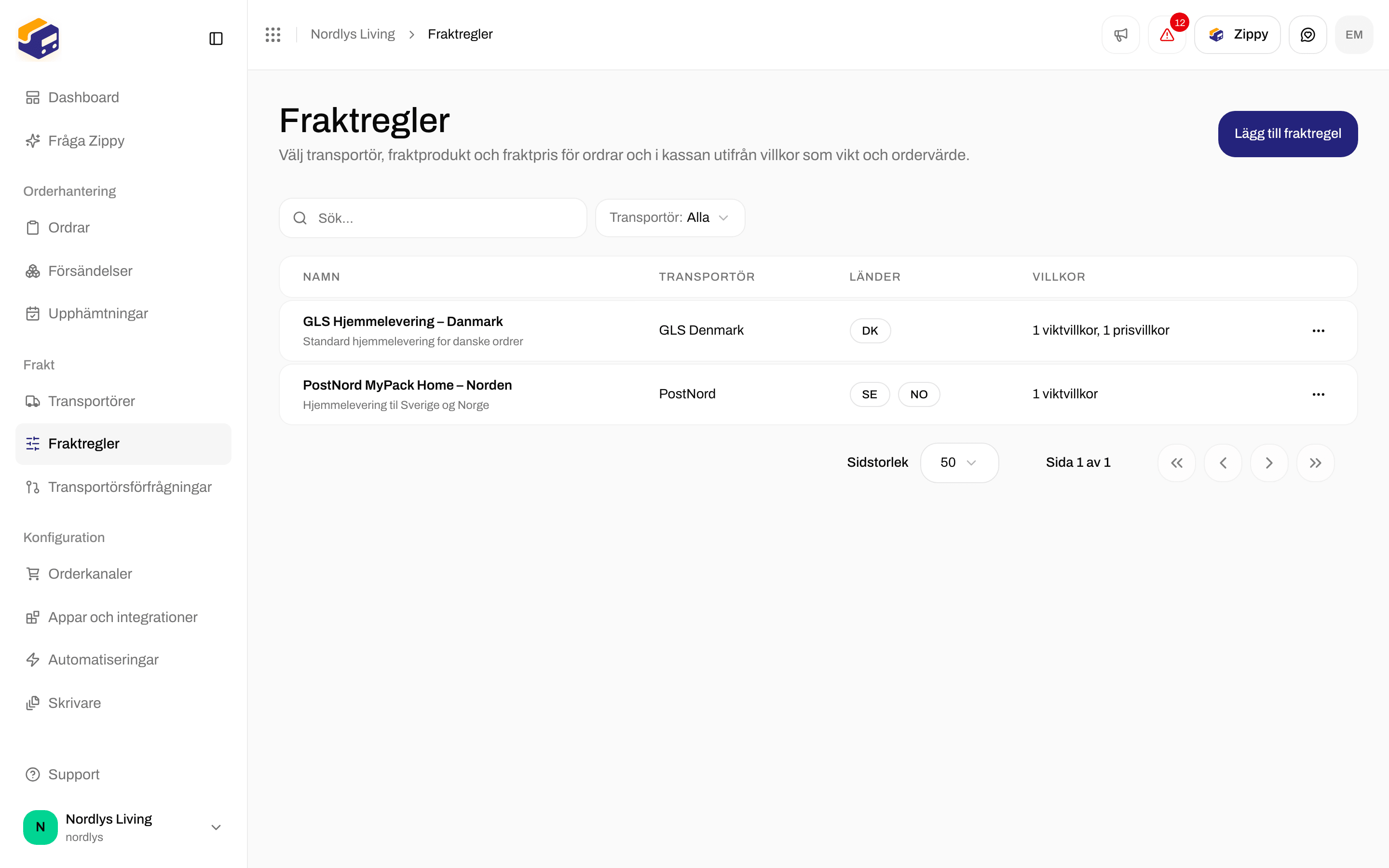 Lista över fraktregler med utgående regler för GLS och PostNord