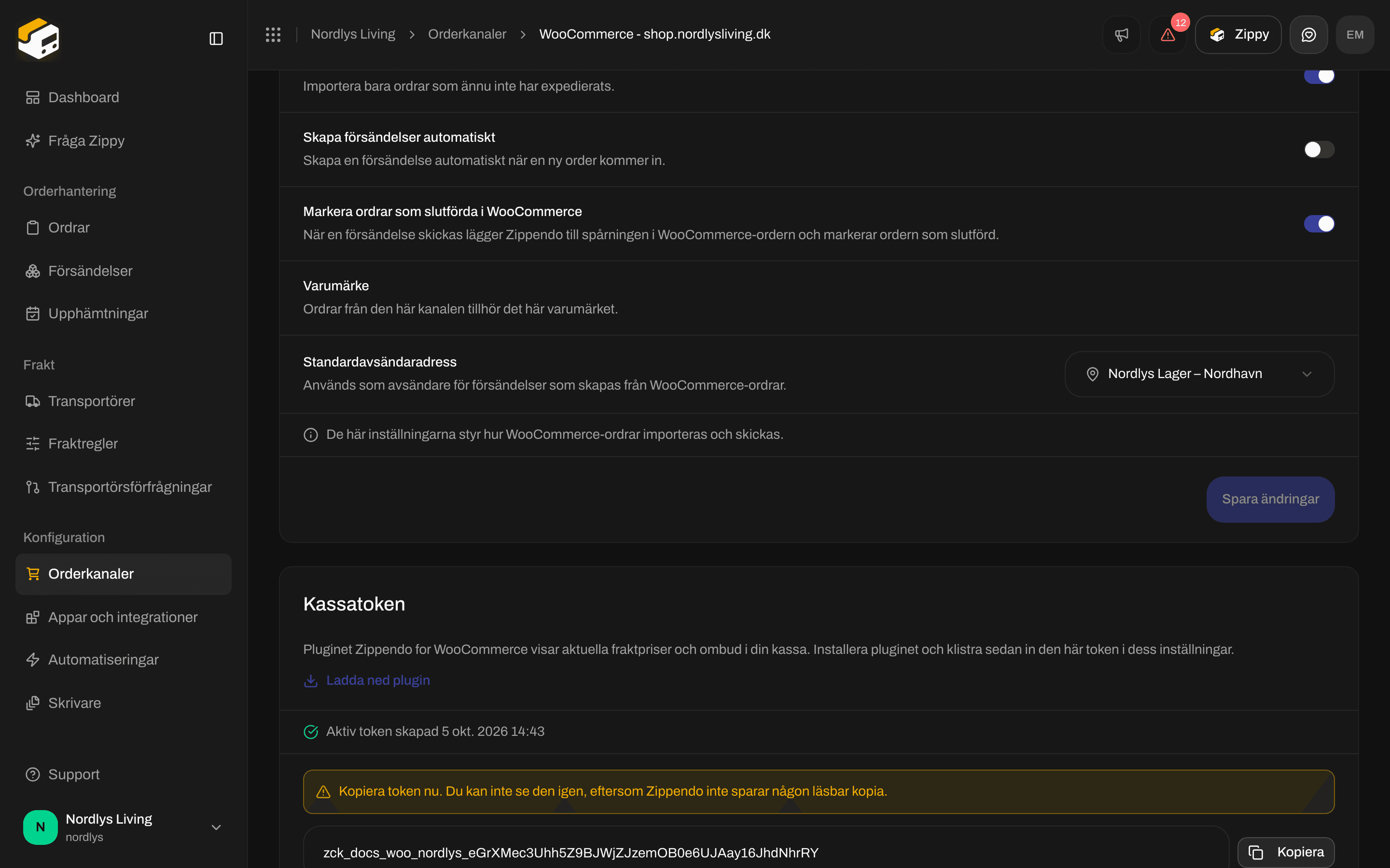 Kortet Kassatoken med engångsvarningen, token som börjar med zck_, Kopiera, Återkalla och Ersätt token
