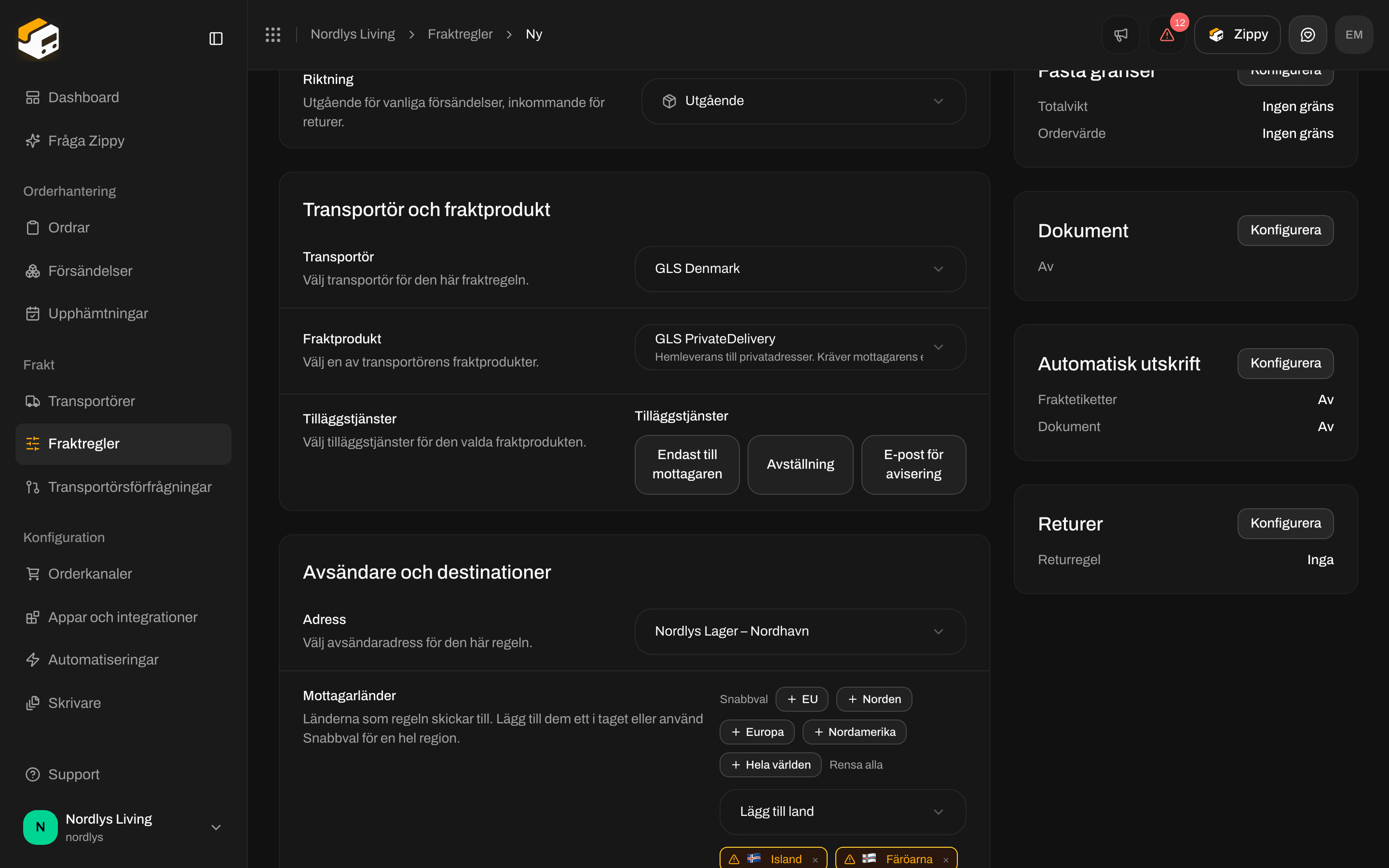 Fasta gränser med Minimum och Maximum för totalvikt och ordervärde