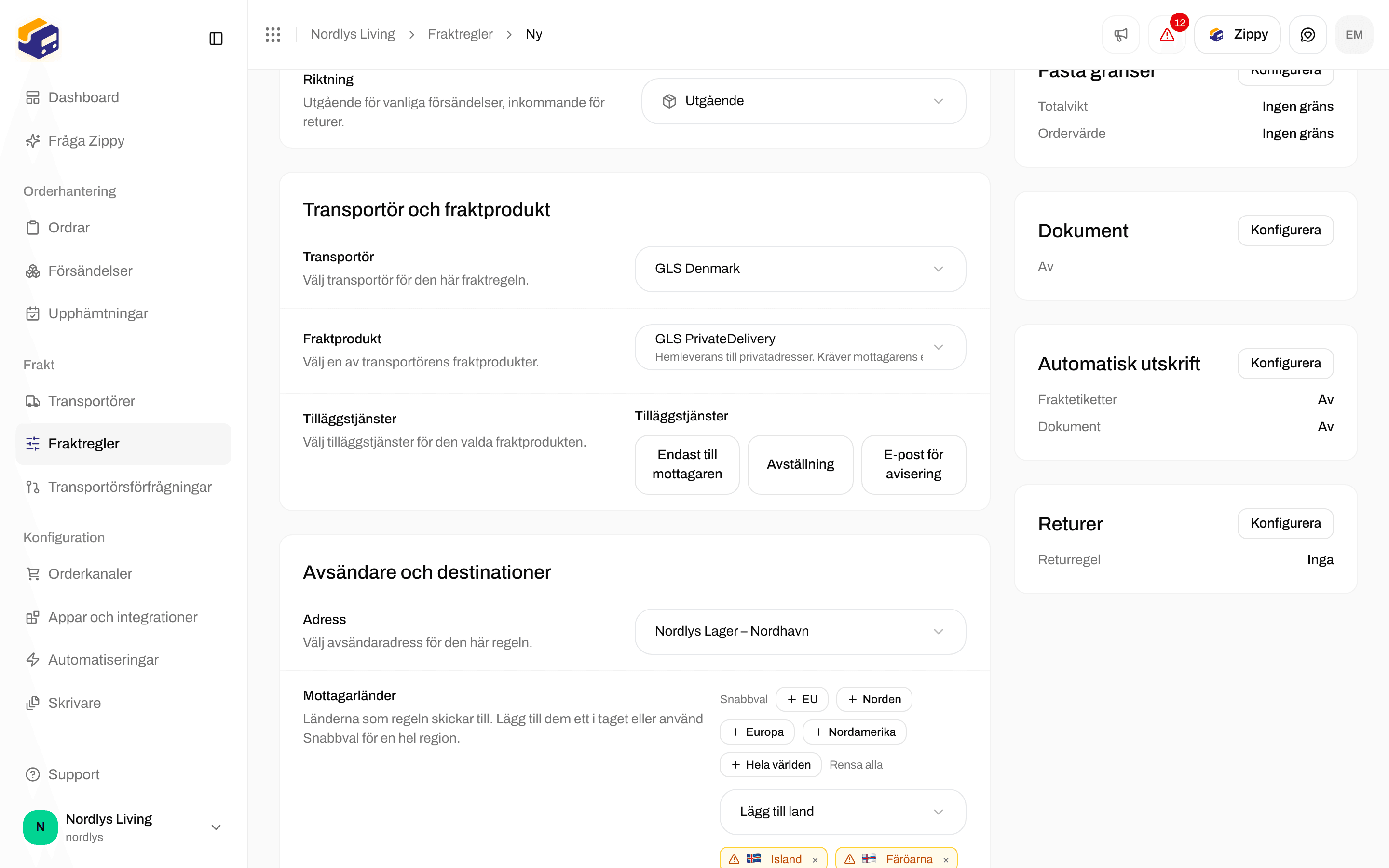 Fasta gränser med Minimum och Maximum för totalvikt och ordervärde