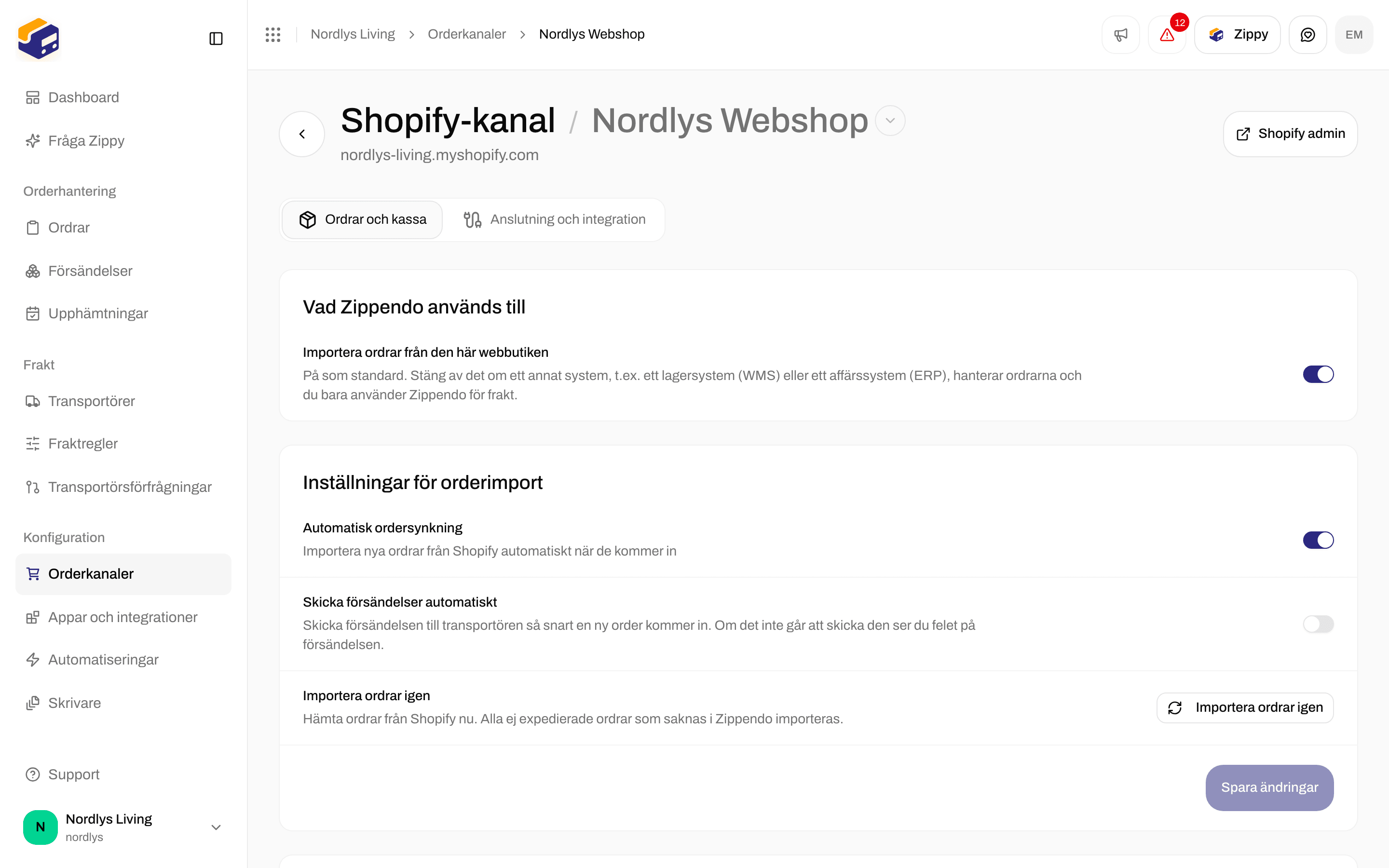 Fliken Ordrar och kassa i Shopify med reglagen för orderimport och expediering