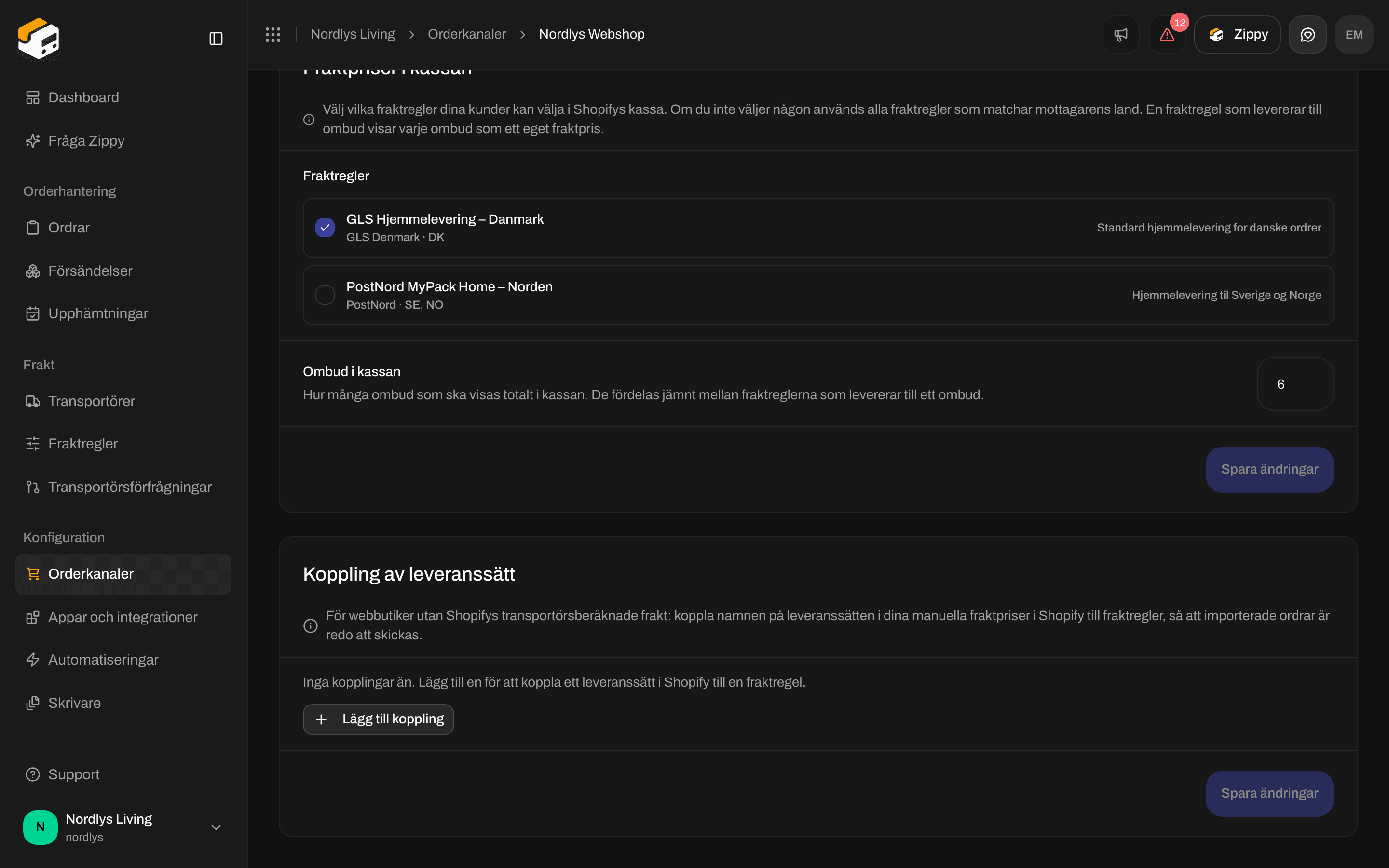 Koppling av leveranssätt utan några kopplingar än och knappen Lägg till koppling