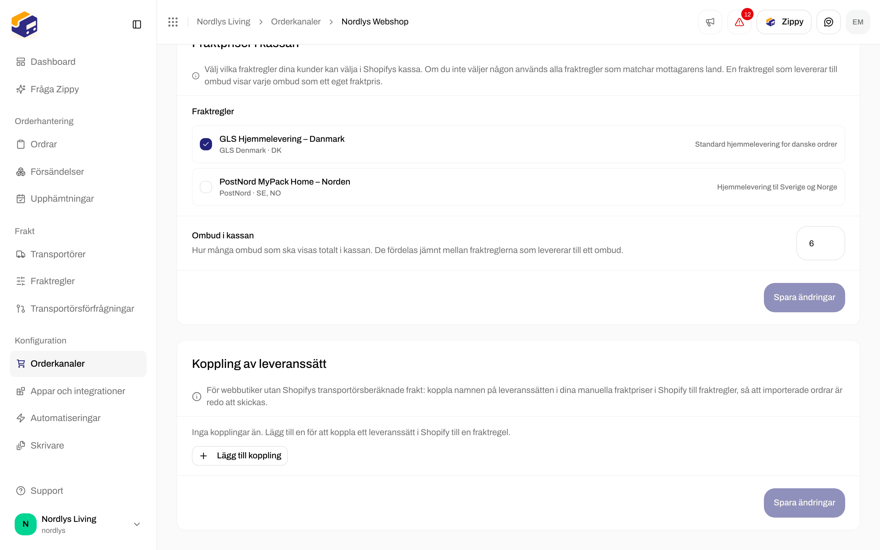 Koppling av leveranssätt utan några kopplingar än och knappen Lägg till koppling