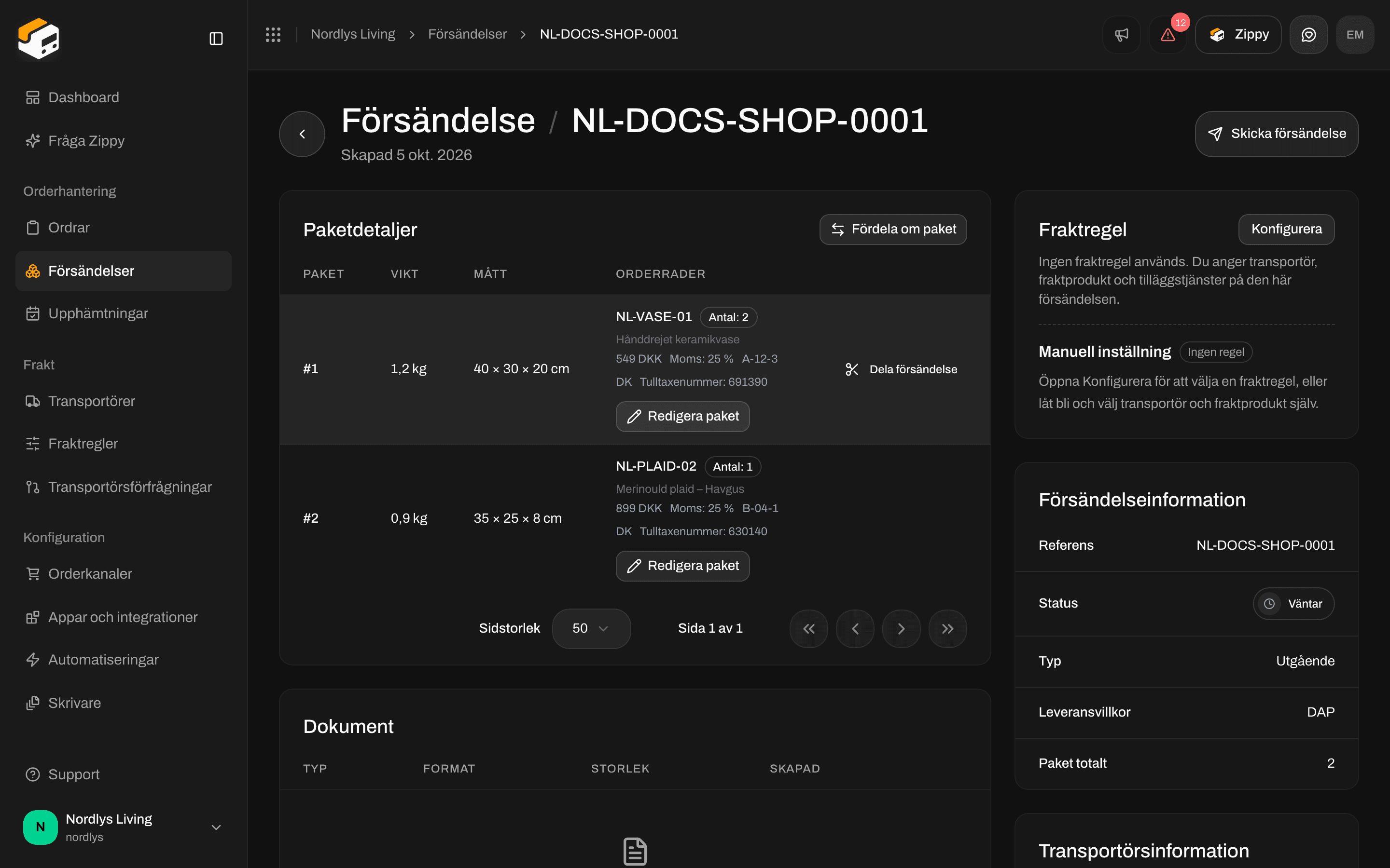 Paketdetaljer med två paket, Dela försändelse, Fördela om paket och Redigera paket