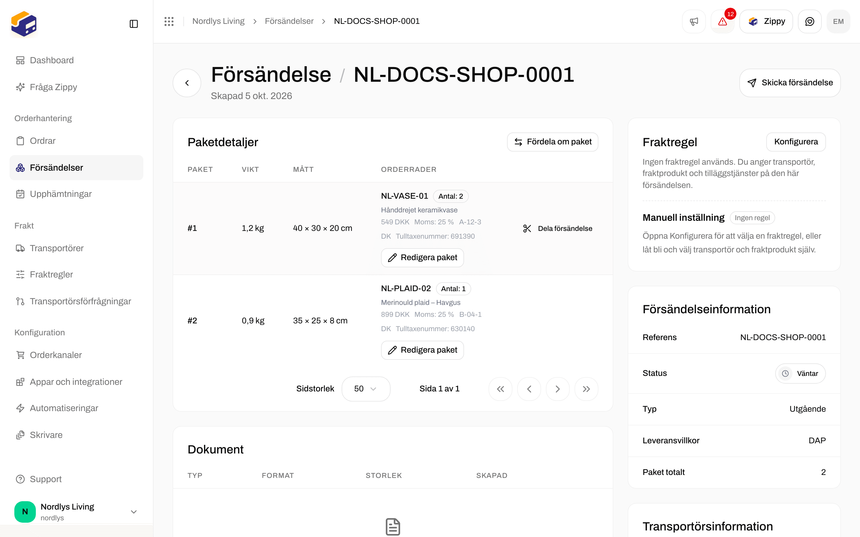 Paketdetaljer med två paket, Dela försändelse, Fördela om paket och Redigera paket