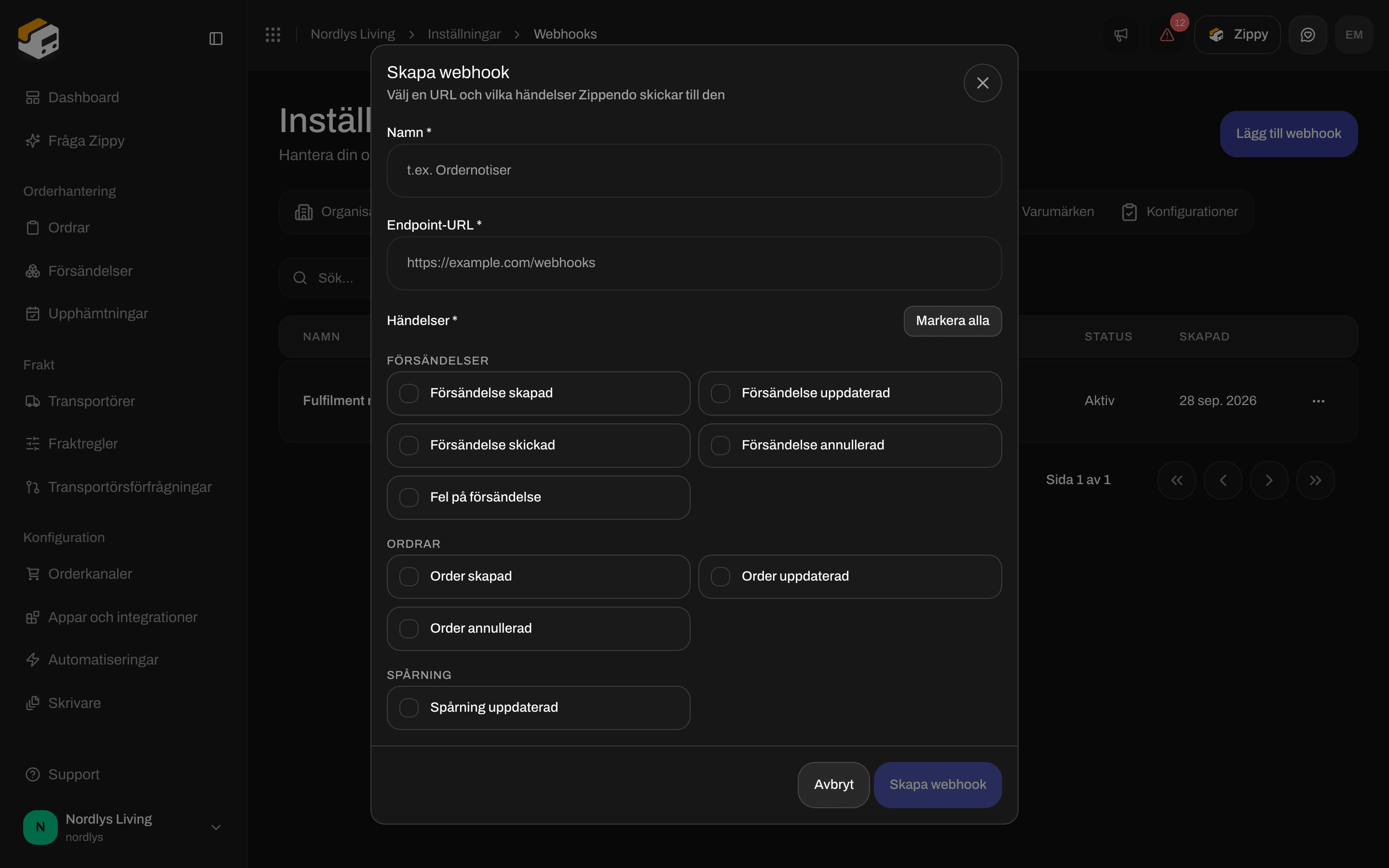Fönstret Skapa webhook nedrullat till gruppen Spårning med händelsen Spårning uppdaterad