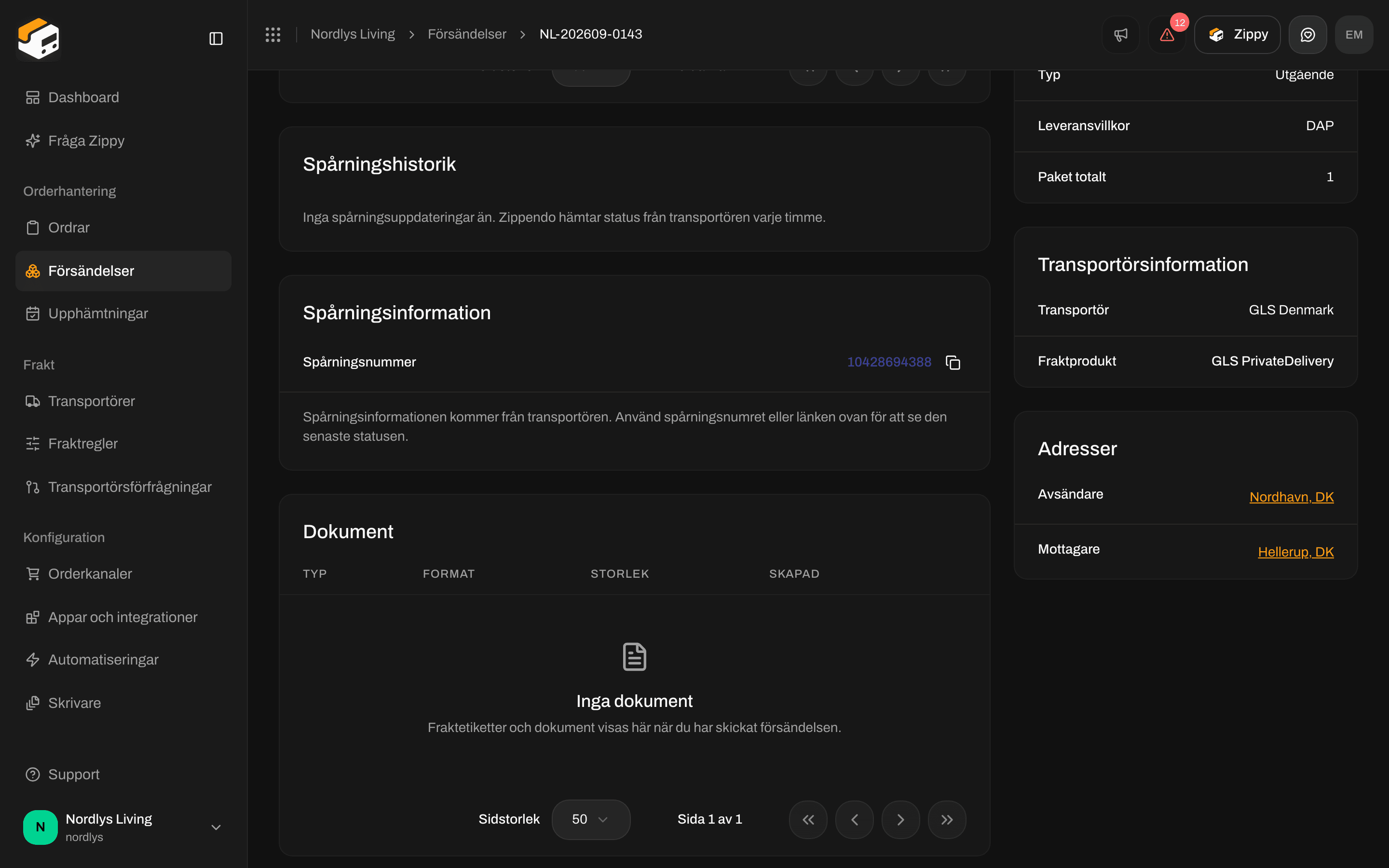 Kortet Spårningshistorik som säger att det inte finns några spårningsuppdateringar än
