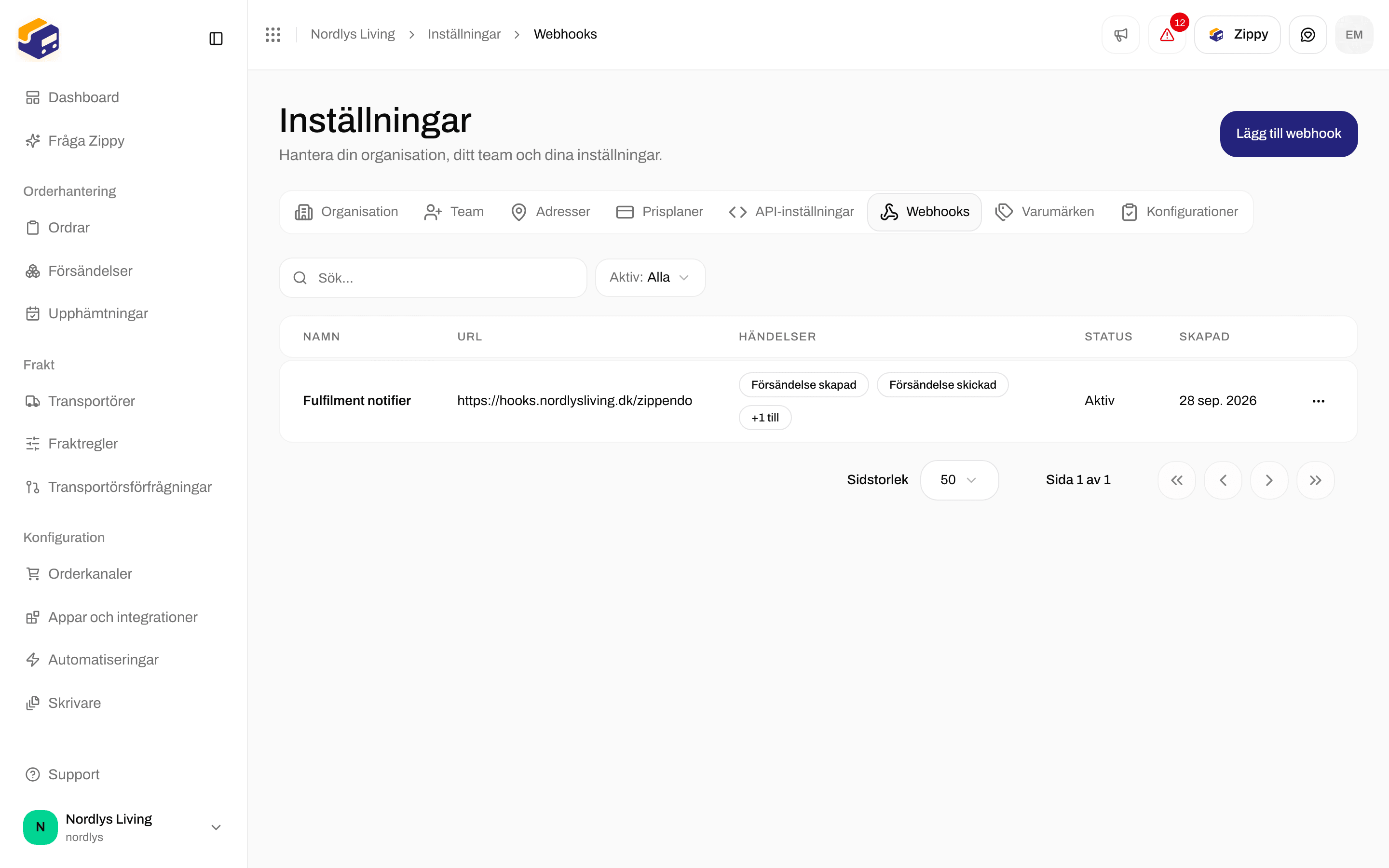 Fliken Webhooks i Inställningar med en webhook i listan och Lägg till webhook i rubrikfältet