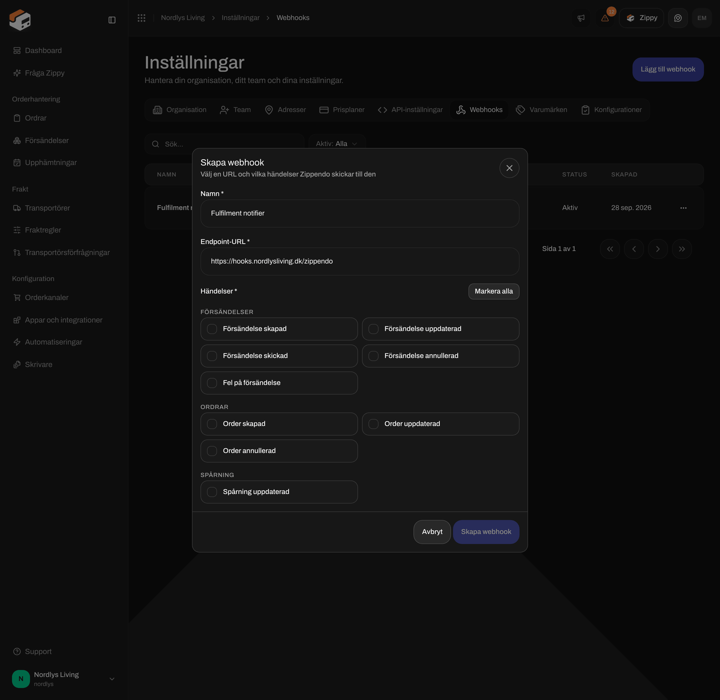 Fönstret Skapa webhook med Namn, Endpoint-URL, Markera alla och kryssrutorna för försändelsehändelser