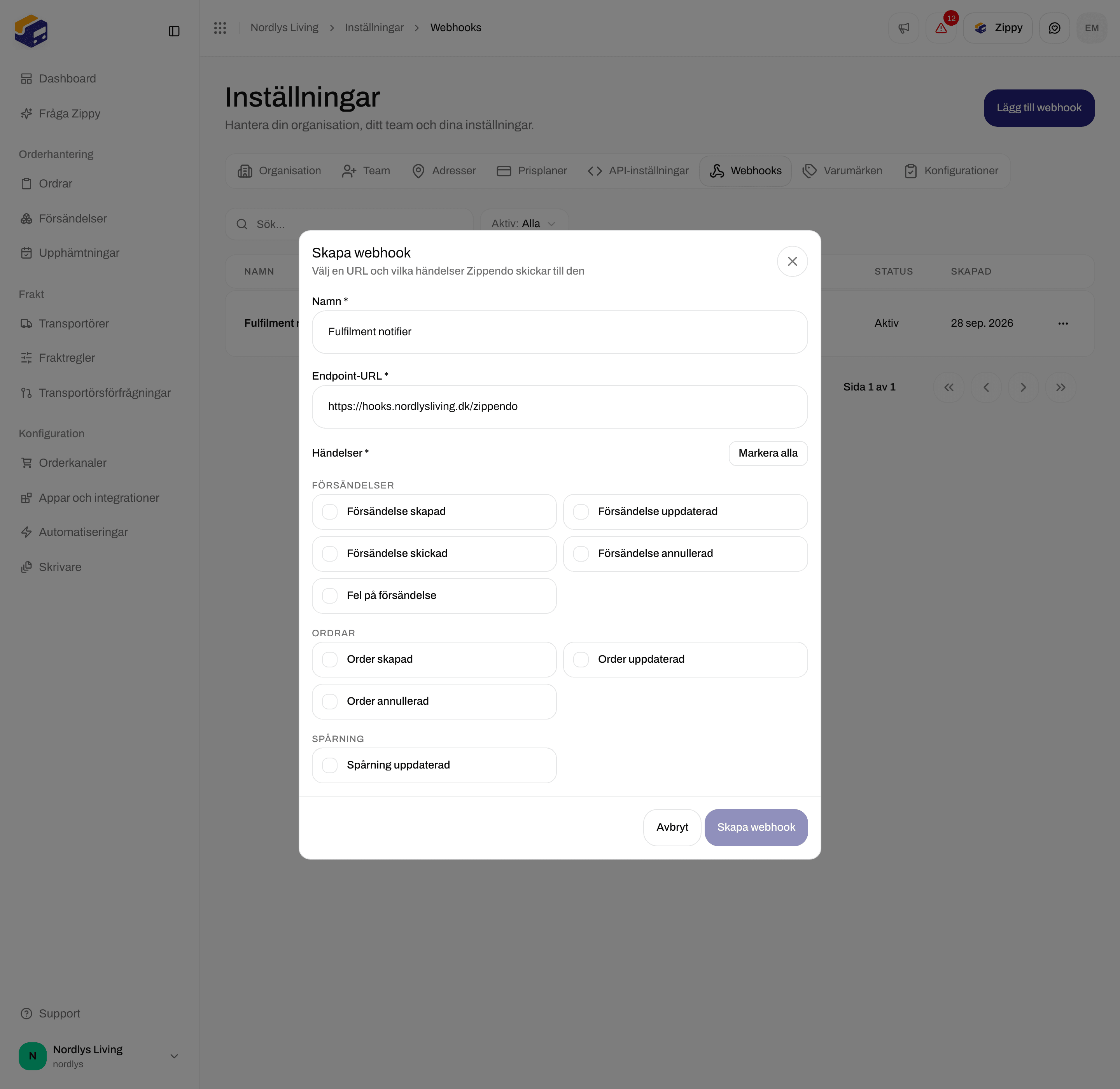 Fönstret Skapa webhook med Namn, Endpoint-URL, Markera alla och kryssrutorna för försändelsehändelser