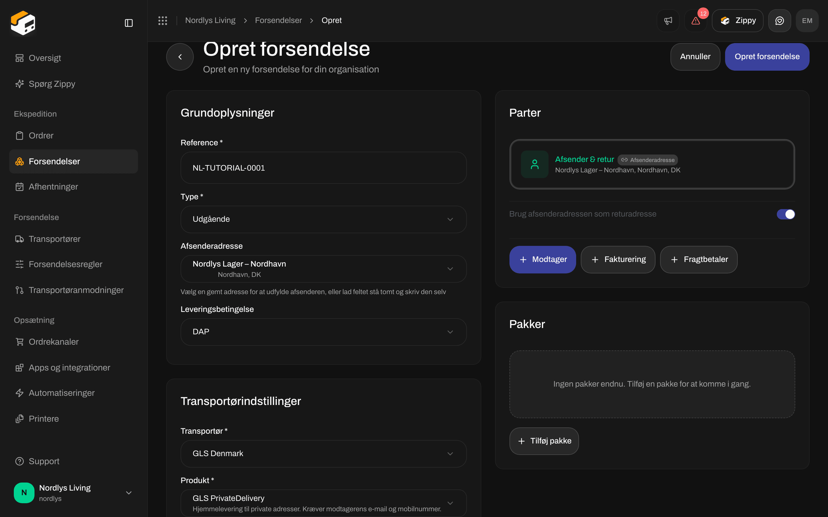 Kortet Transportørindstillinger med GLS PrivateDelivery og tre tjenester