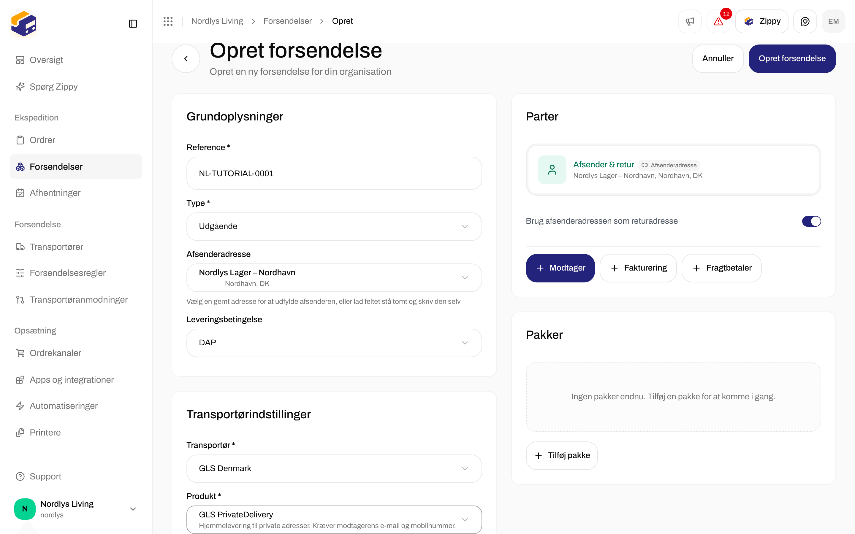 Kortet Transportørindstillinger med GLS PrivateDelivery og tre tjenester