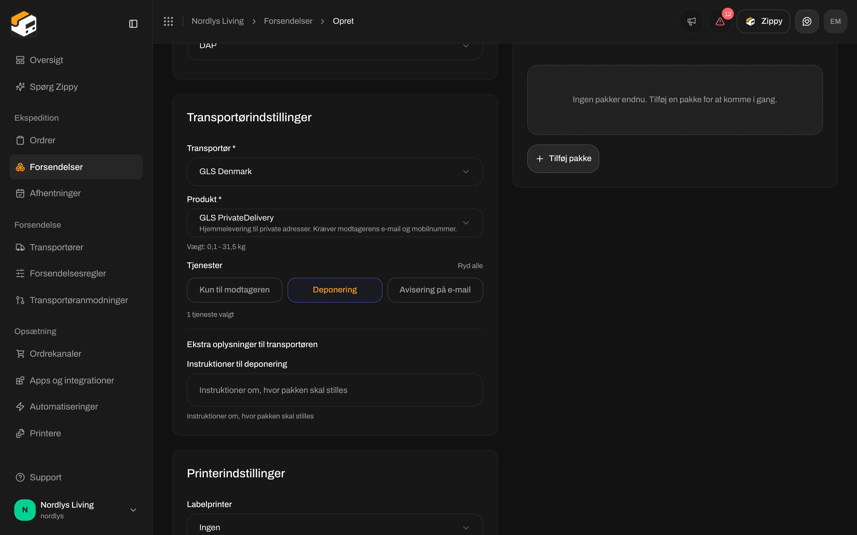 Ekstra oplysninger til transportøren med feltet Instruktioner til deponering, efter at Deponering er slået til