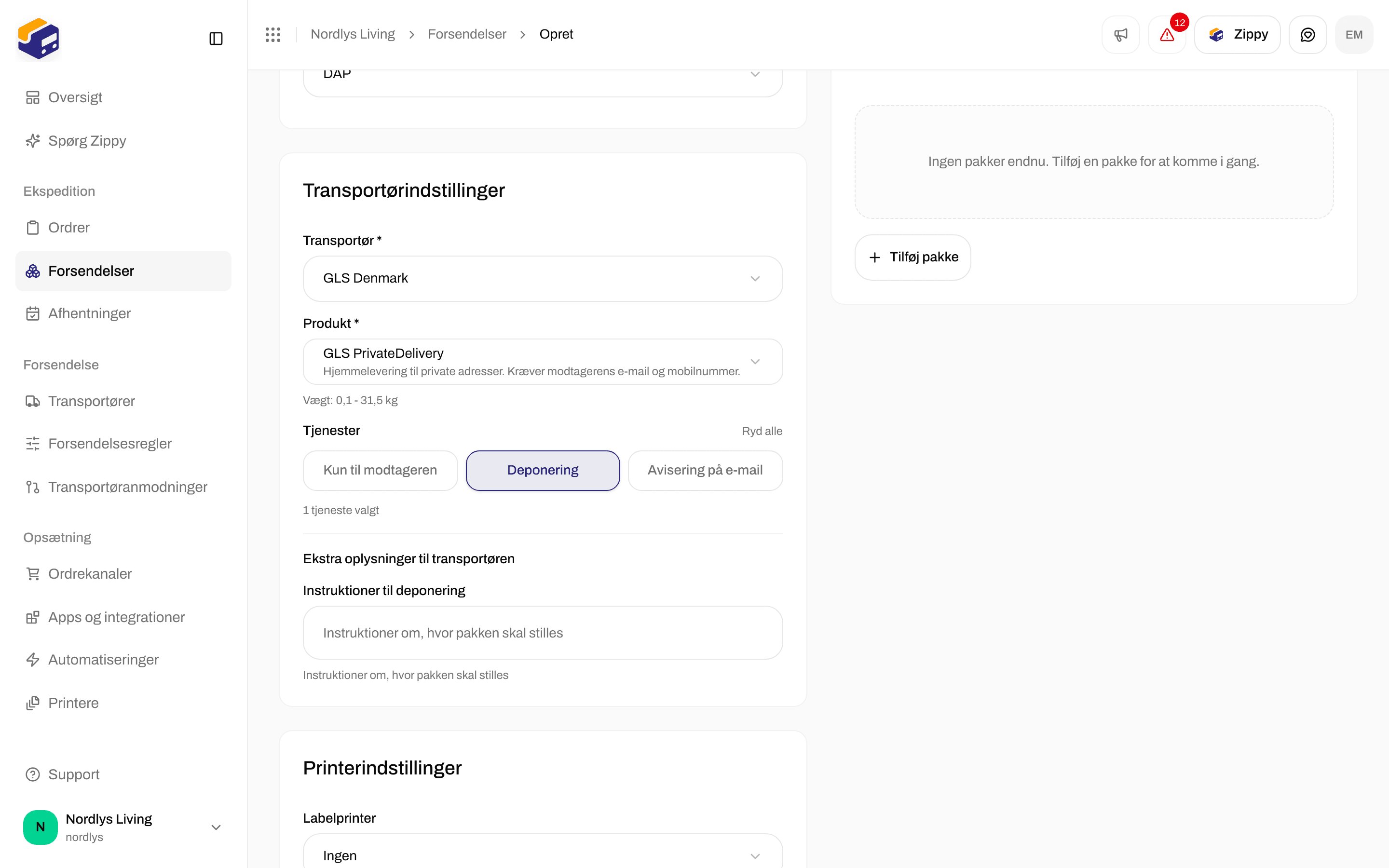Ekstra oplysninger til transportøren med feltet Instruktioner til deponering, efter at Deponering er slået til