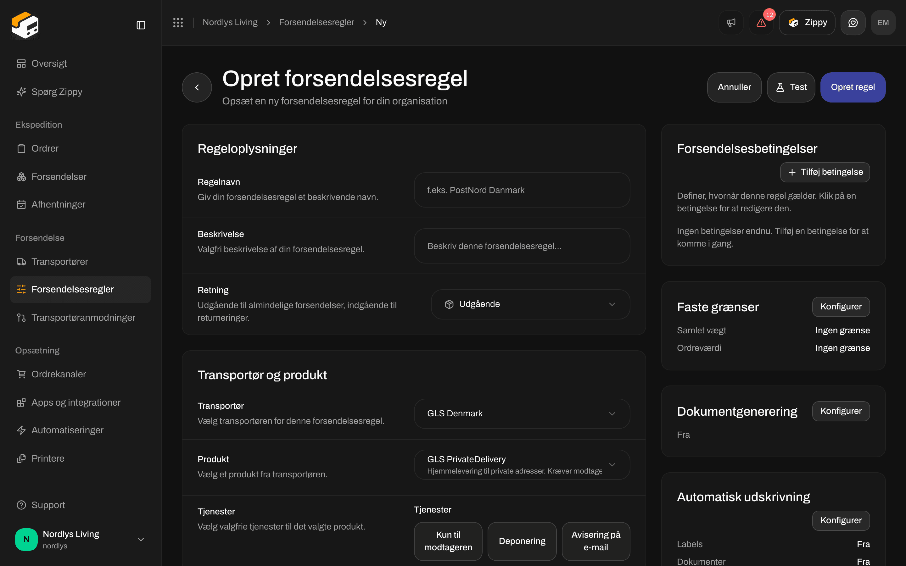 Formularen Tilføj forsendelsesregel med felterne Transportør, Produkt og Tjenester