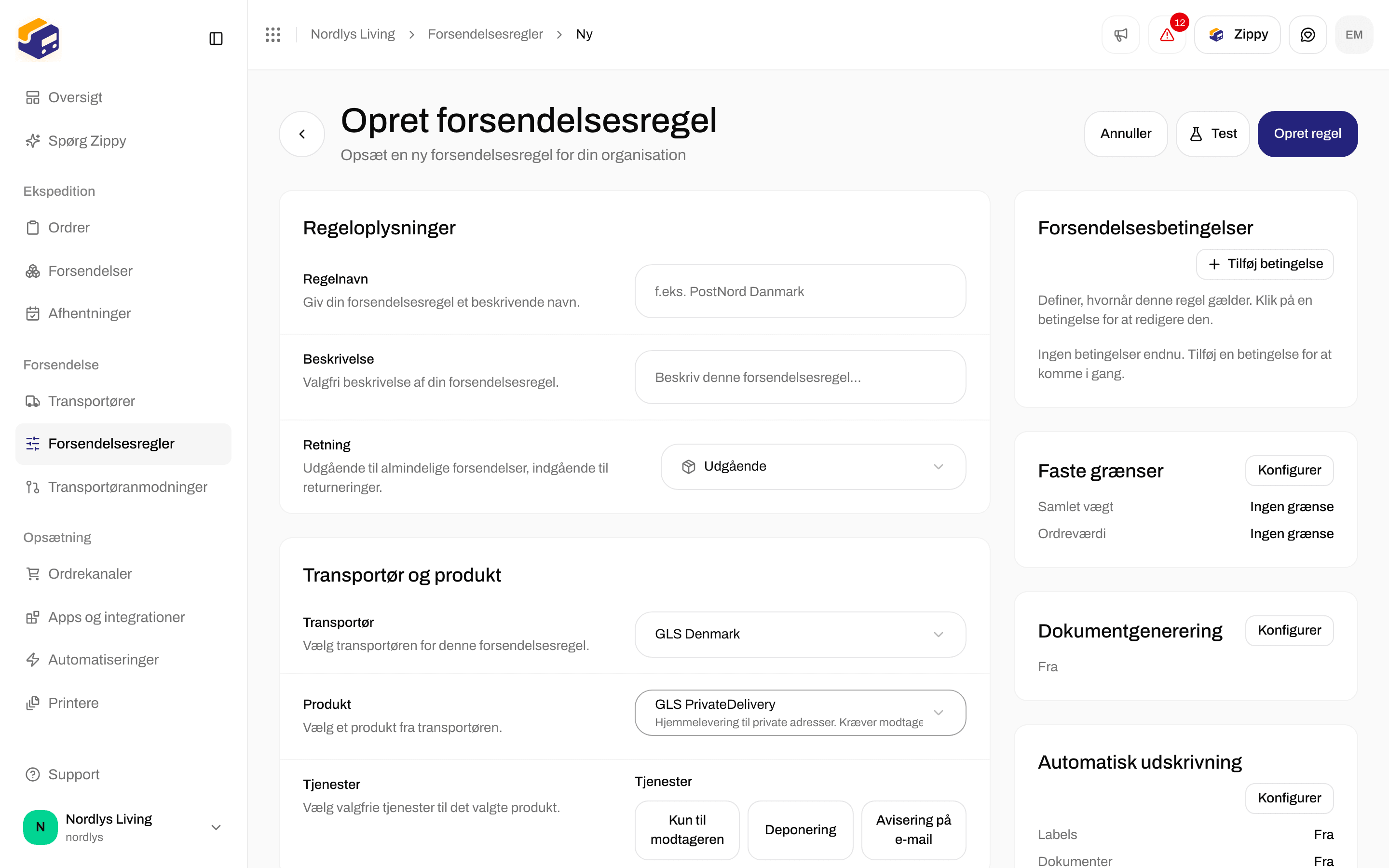 Formularen Tilføj forsendelsesregel med felterne Transportør, Produkt og Tjenester