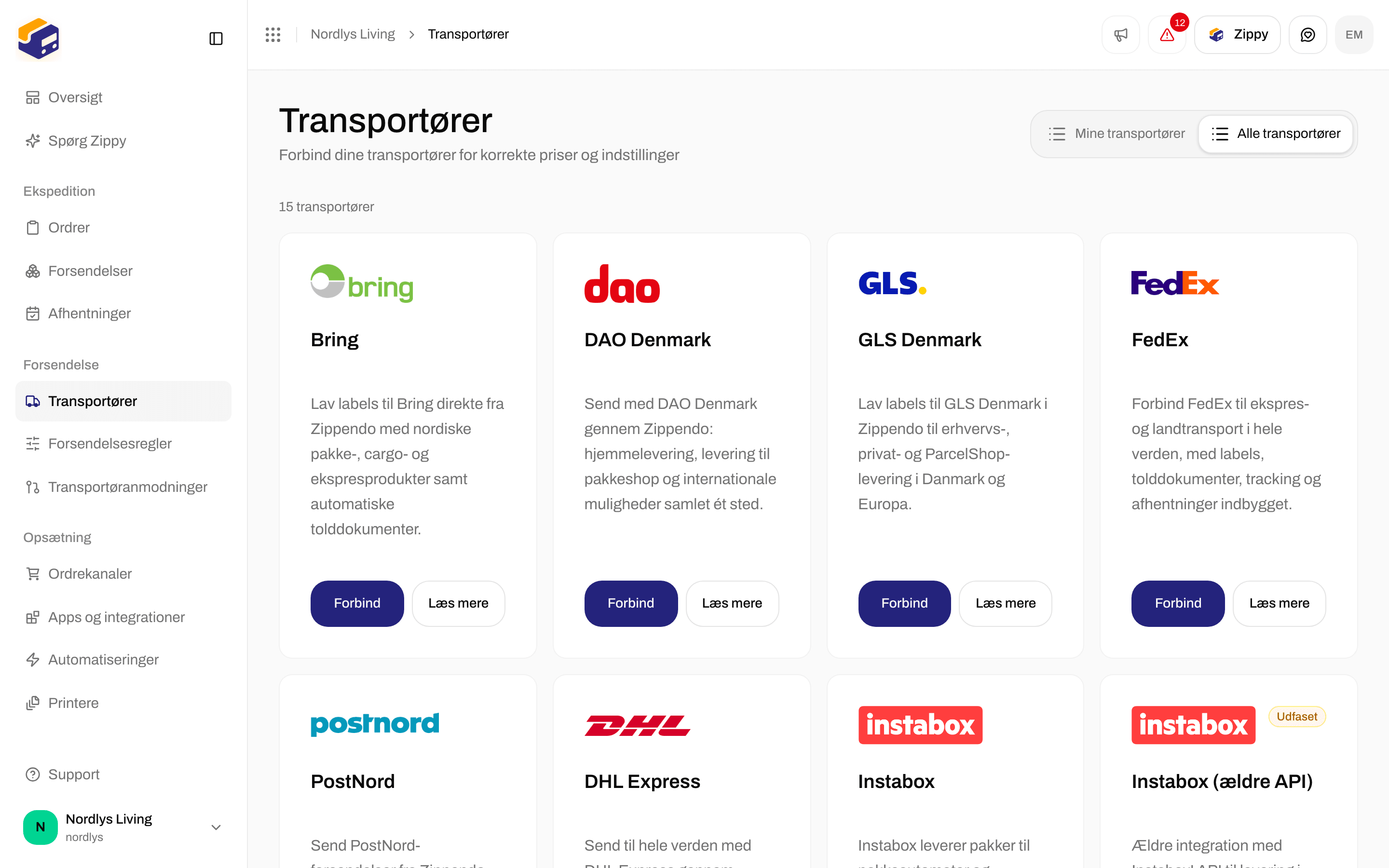 Alle transportører med Bring-kortet og dets knapper Forbind og Læs mere