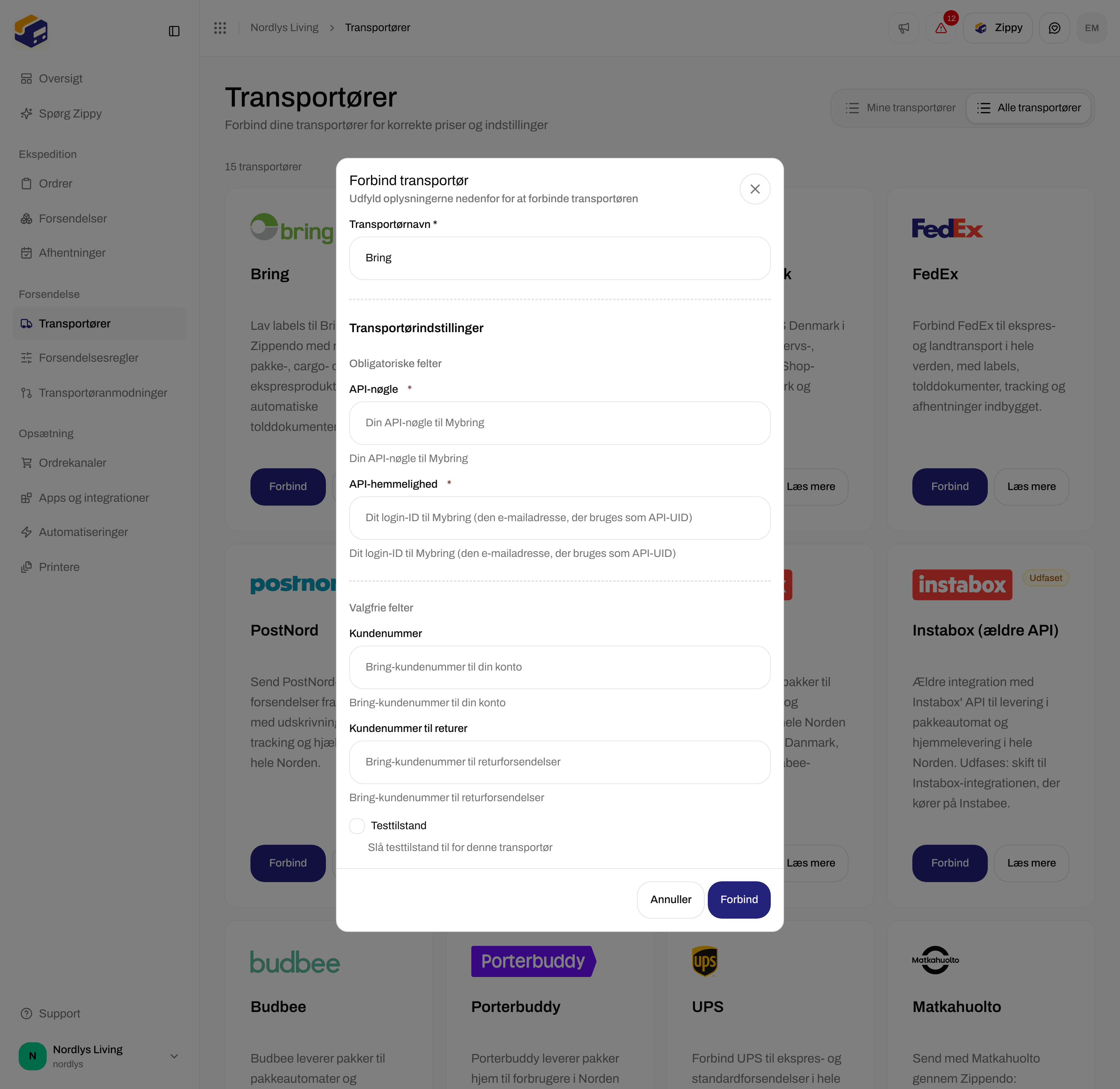 Vinduet Forbind transportør for Bring med de obligatoriske felter API-nøgle og API-hemmelighed