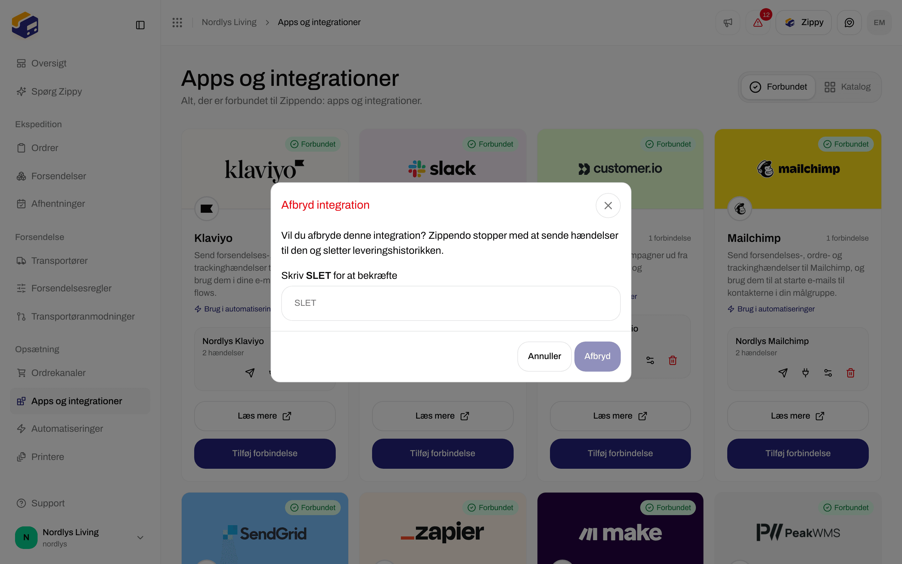 Vinduet Afbryd integration, der beder dig skrive SLET