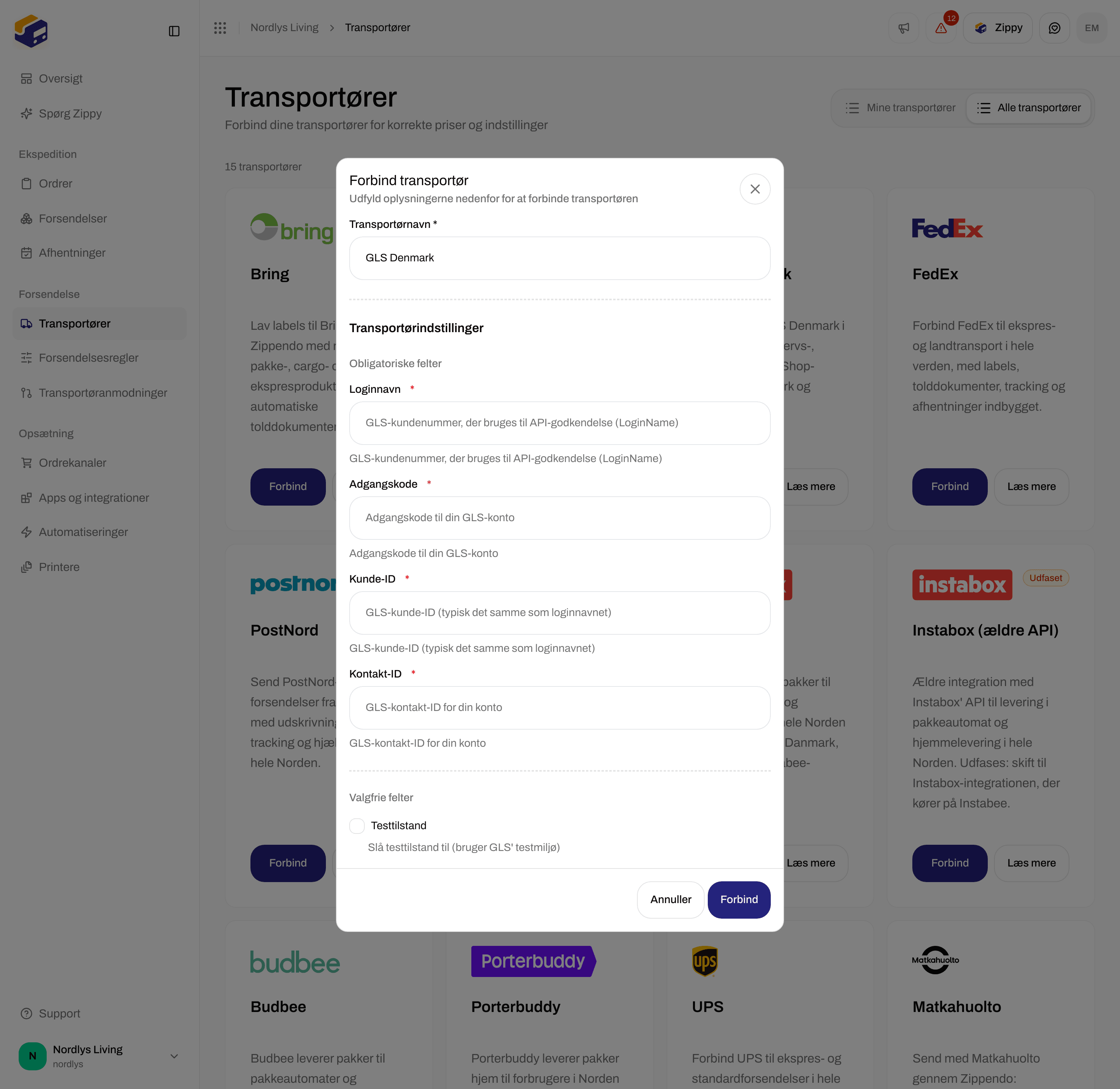 Vinduet Forbind transportør til GLS Denmark med de påkrævede felter Loginnavn, Adgangskode, Kunde-ID og Kontakt-ID