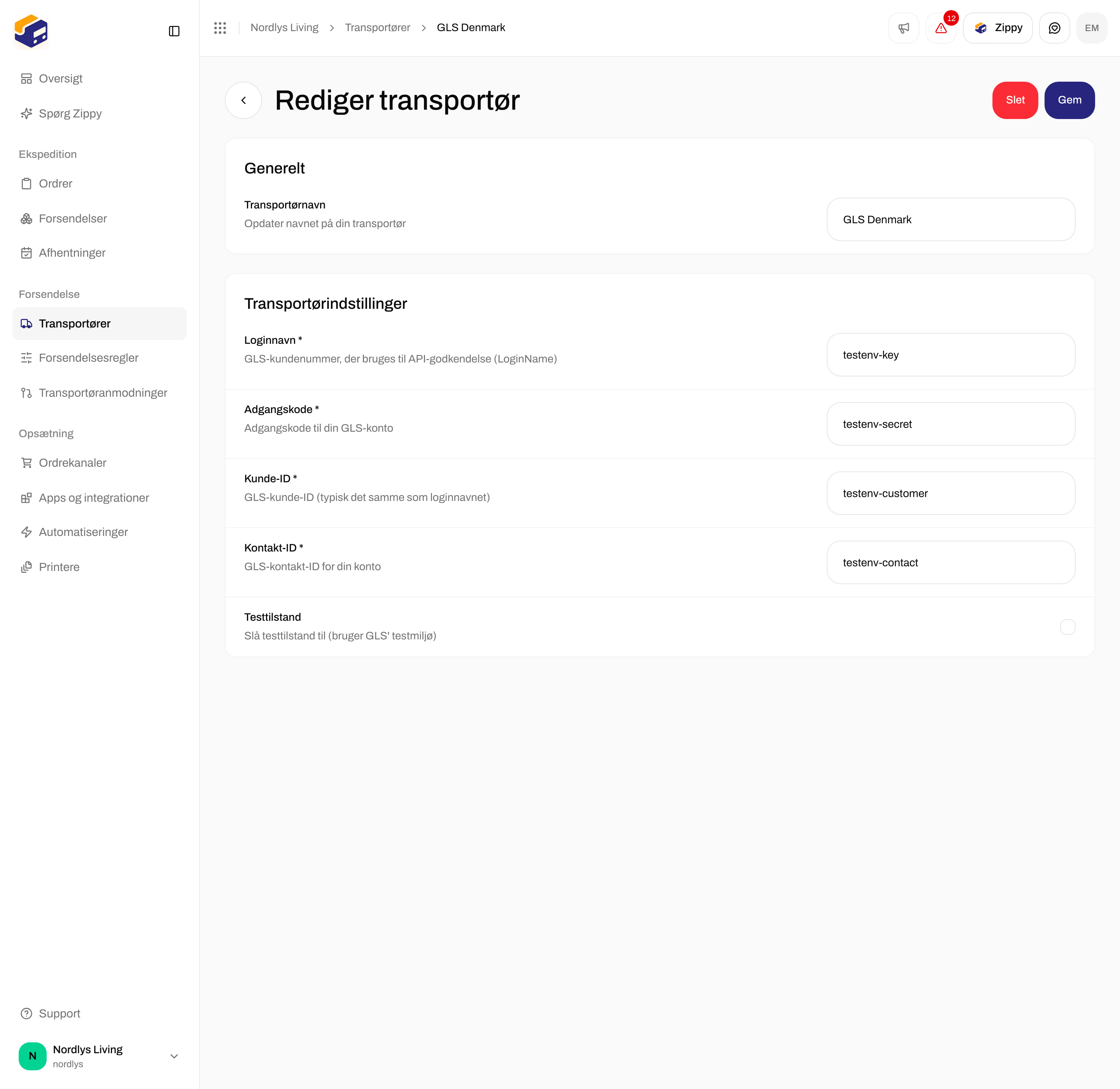 Rediger transportør til GLS Denmark med Loginnavn, Adgangskode, Kunde-ID, Kontakt-ID og Testtilstand