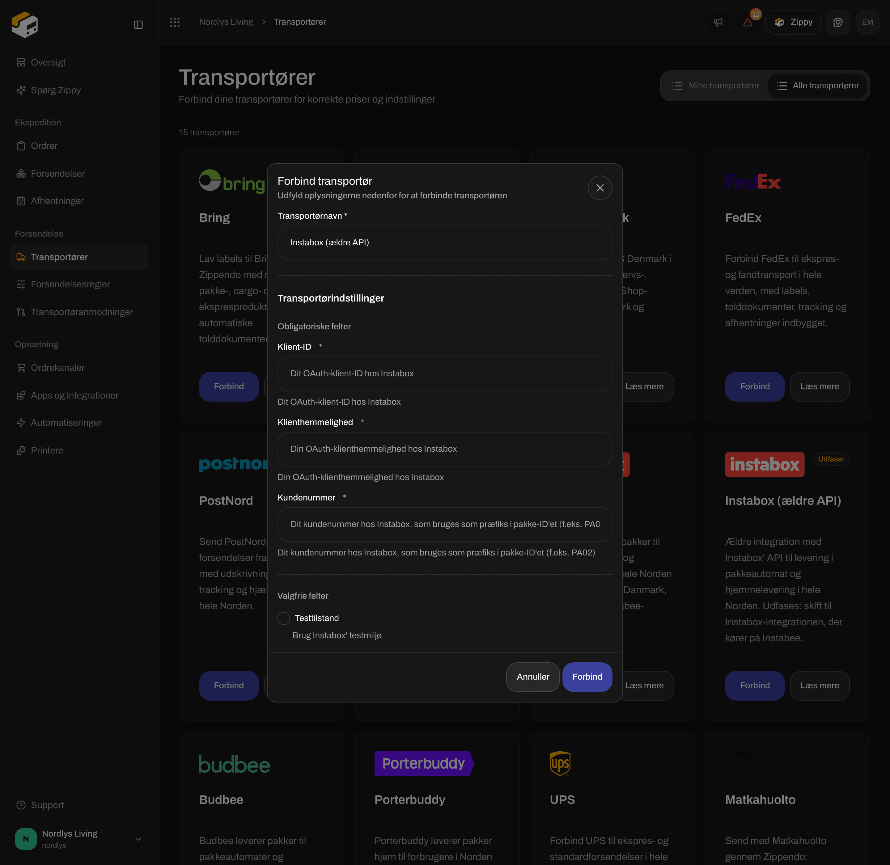 Vinduet Forbind transportør for Instabox Legacy API med Klient-ID, Klienthemmelighed og Kundenummer