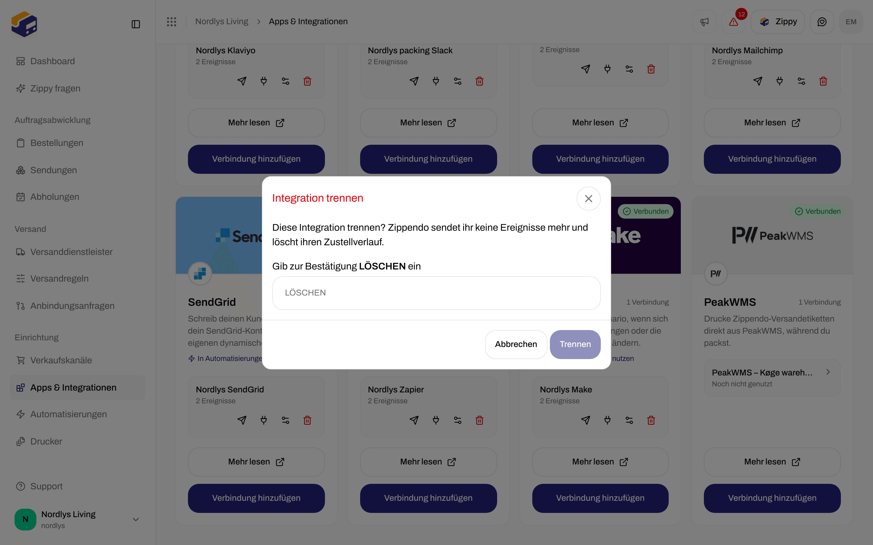 Fenster Integration trennen mit der Aufforderung, DELETE einzugeben