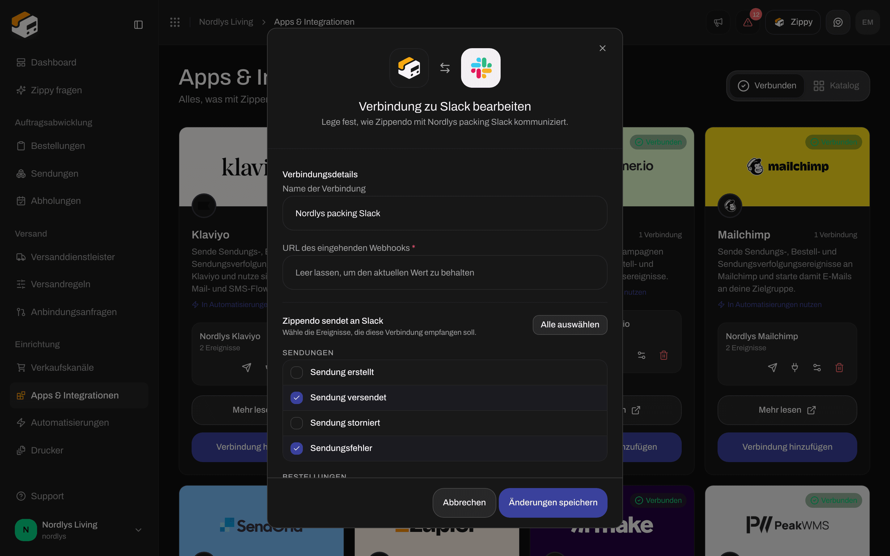Bearbeitungsfenster für eine Slack-Verbindung mit dem Namen der Verbindung, einem leeren Webhook-Feld und den Ereignissen