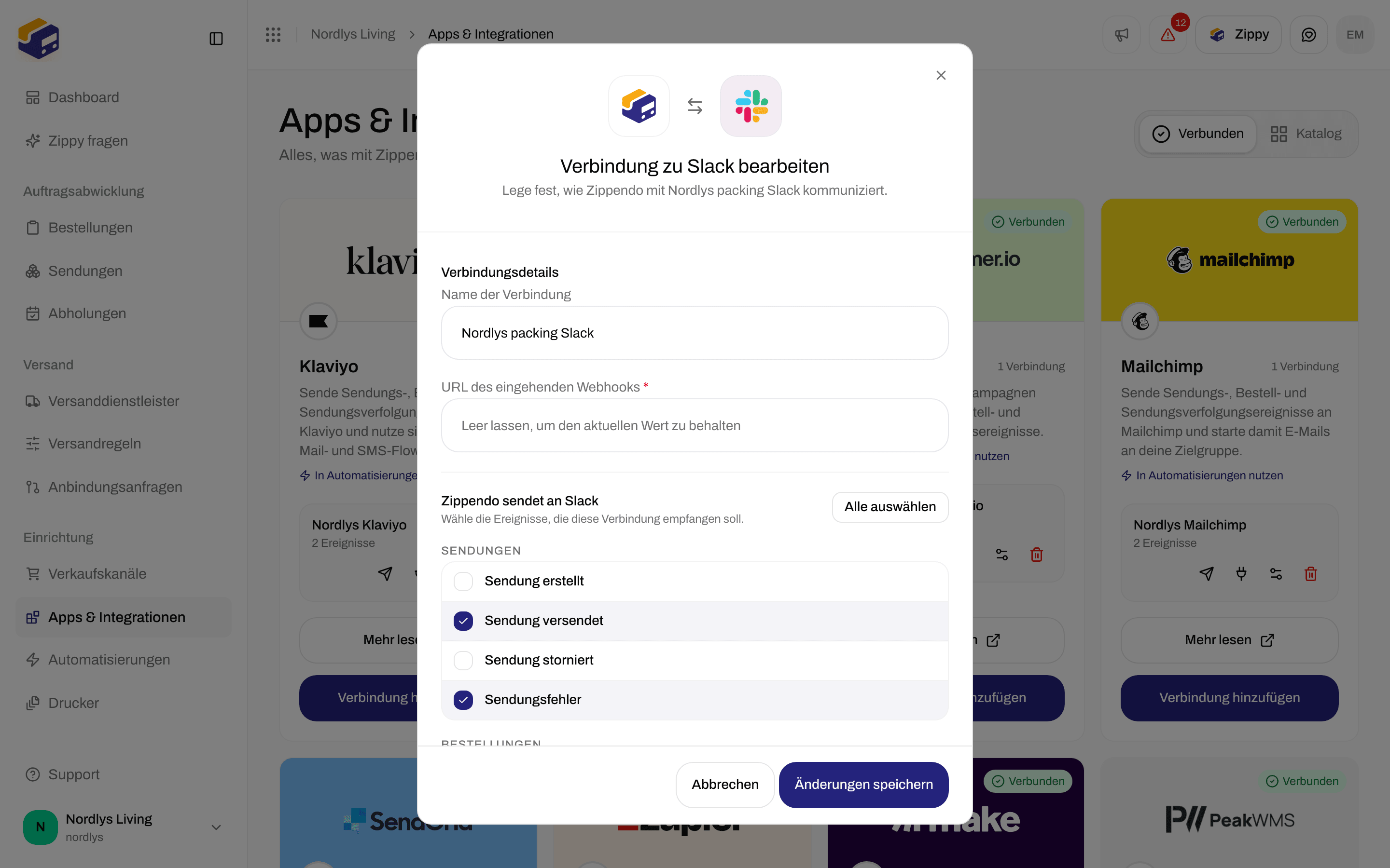 Bearbeitungsfenster für eine Slack-Verbindung mit dem Namen der Verbindung, einem leeren Webhook-Feld und den Ereignissen