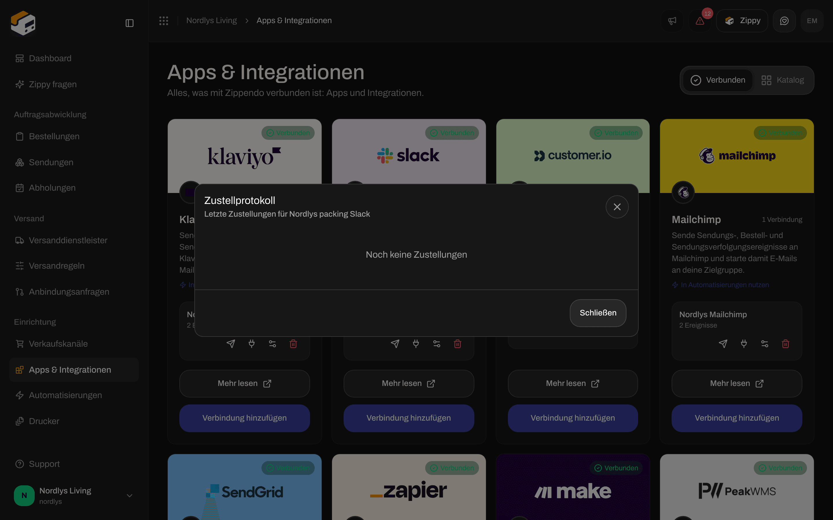 Fenster Zustellprotokoll für eine Slack-Verbindung mit der Meldung Noch keine Zustellungen