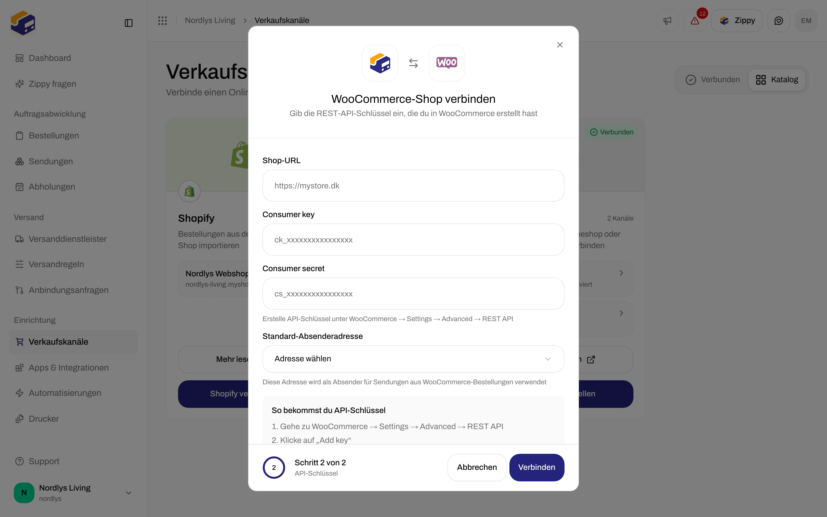 Fenster WooCommerce-Shop verbinden im Schritt API-Schlüssel mit Shop-URL, Consumer key, Consumer secret, Standard-Absenderadresse und So bekommst du API-Schlüssel