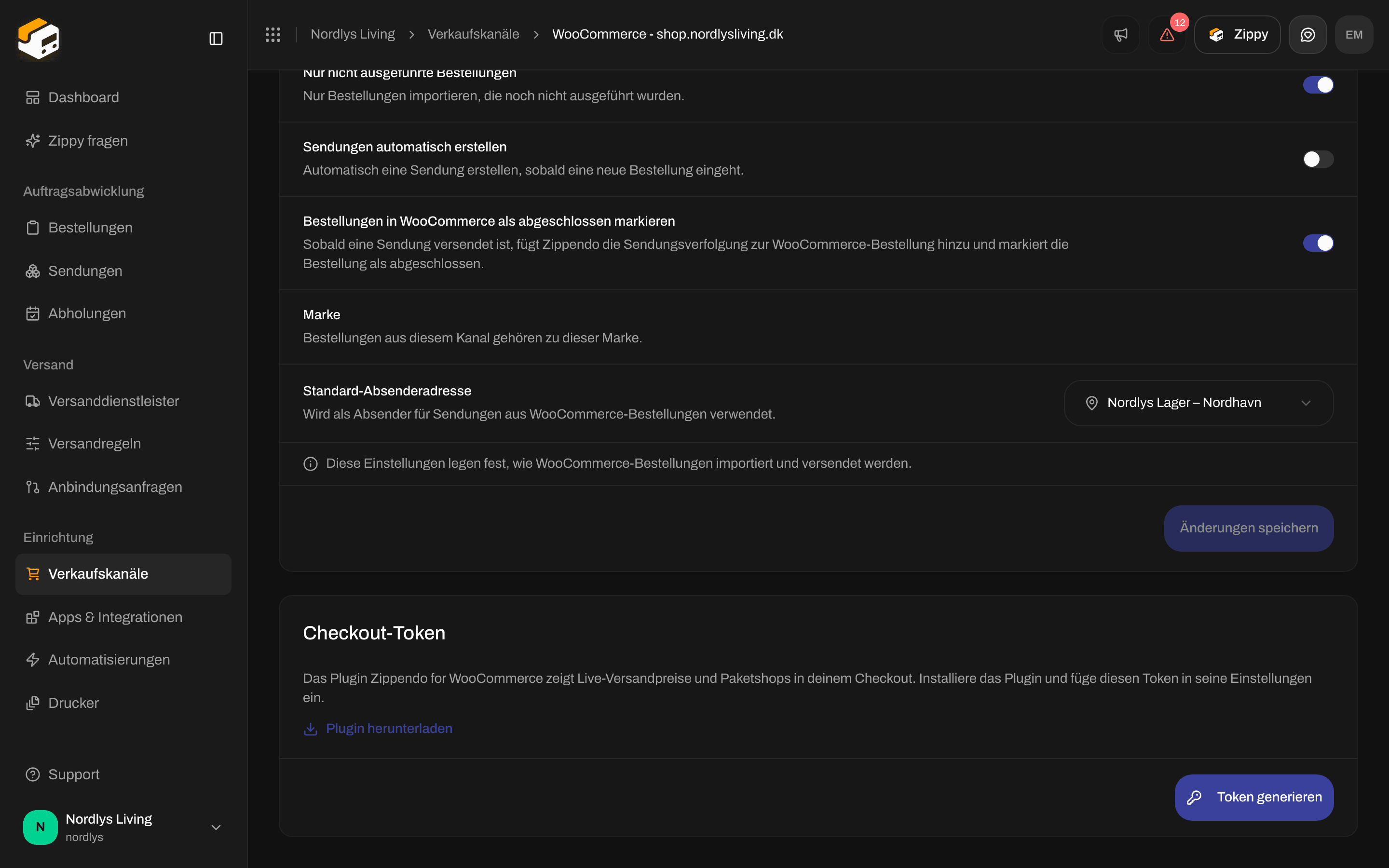 WooCommerce-Tab Bestellungen & Checkout mit Schaltern zur Bestellsynchronisierung, Marke und Standard-Absenderadresse