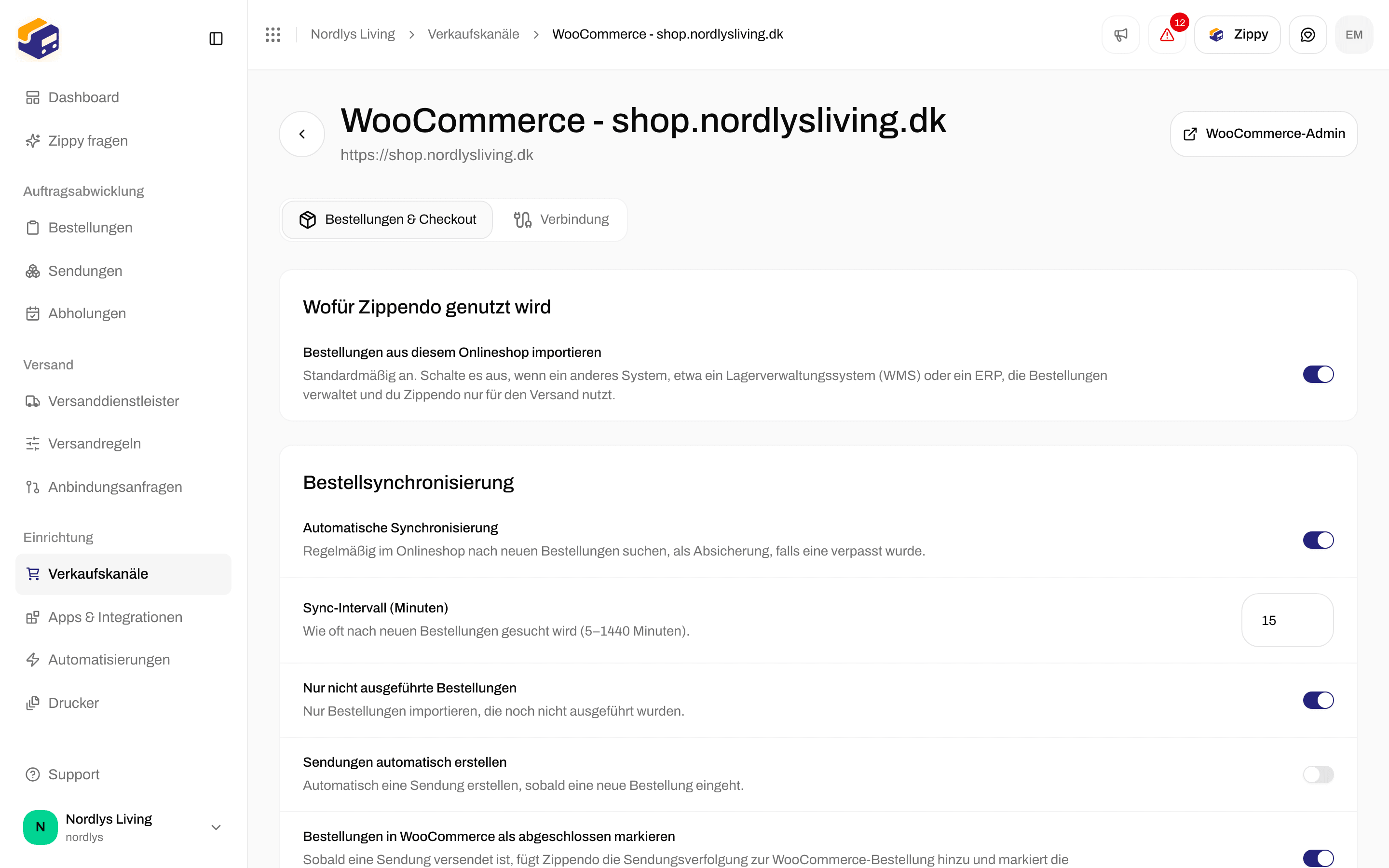 WooCommerce-Tab Bestellungen & Checkout mit Schaltern zur Bestellsynchronisierung, Marke und Standard-Absenderadresse