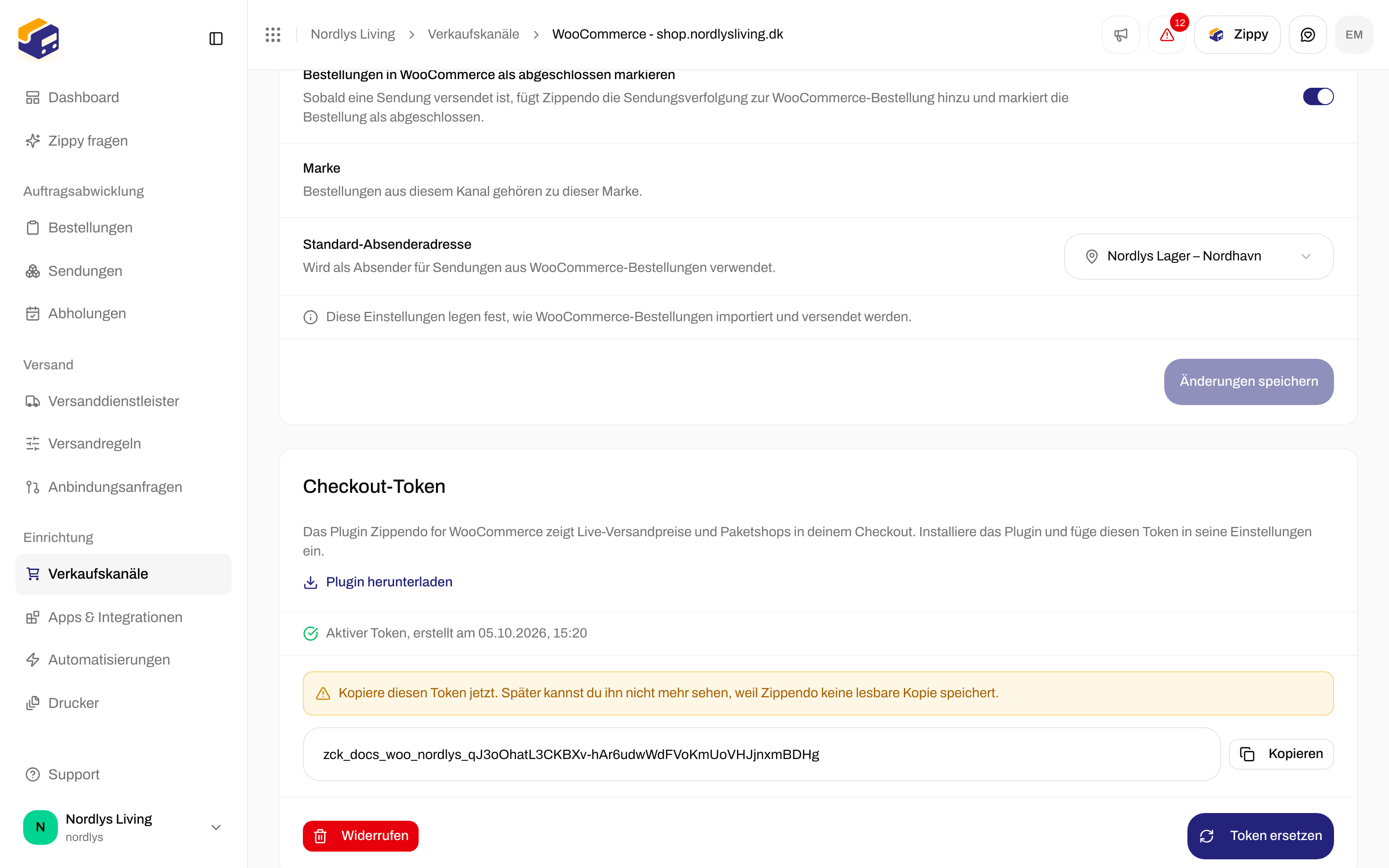 Karte Checkout-Token mit dem Hinweis auf die einmalige Anzeige, dem Token, Kopieren, Widerrufen und Token ersetzen