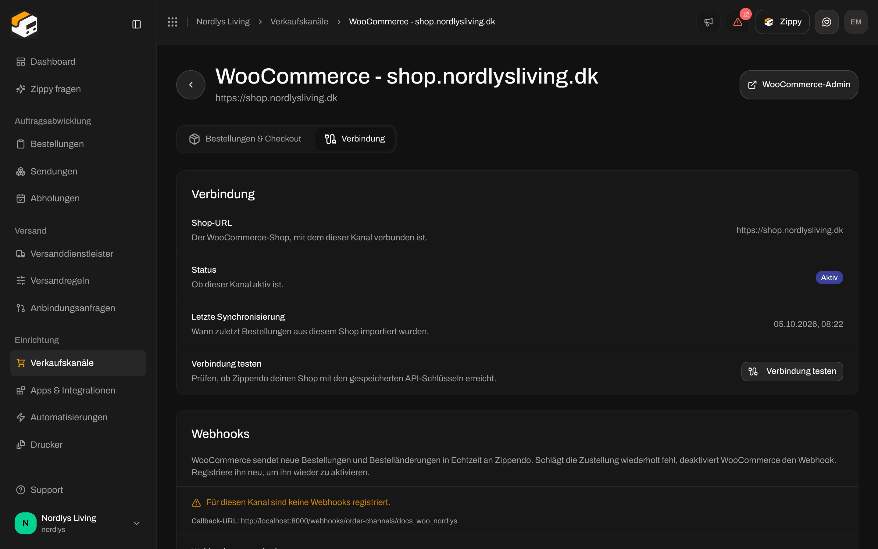 WooCommerce-Tab Verbindung mit Shop-URL, Status, Letzte Synchronisierung und Verbindung testen