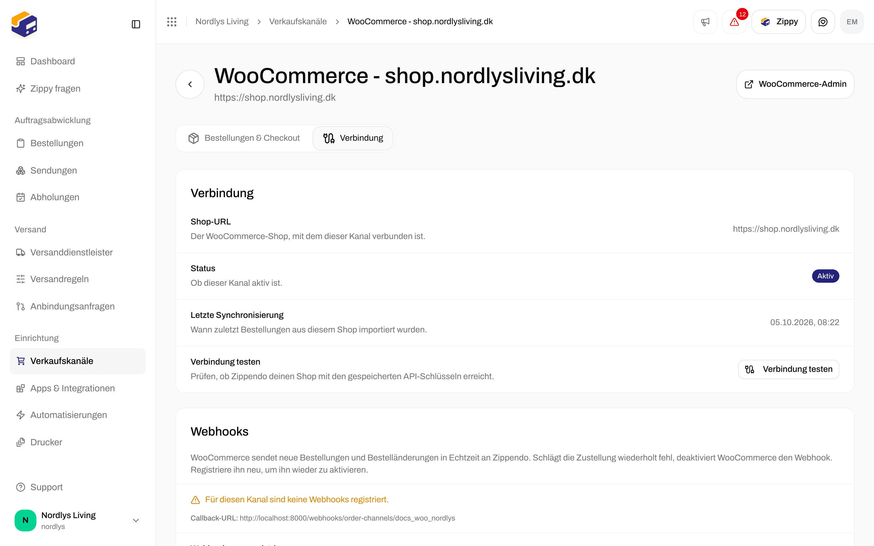 WooCommerce-Tab Verbindung mit Shop-URL, Status, Letzte Synchronisierung und Verbindung testen