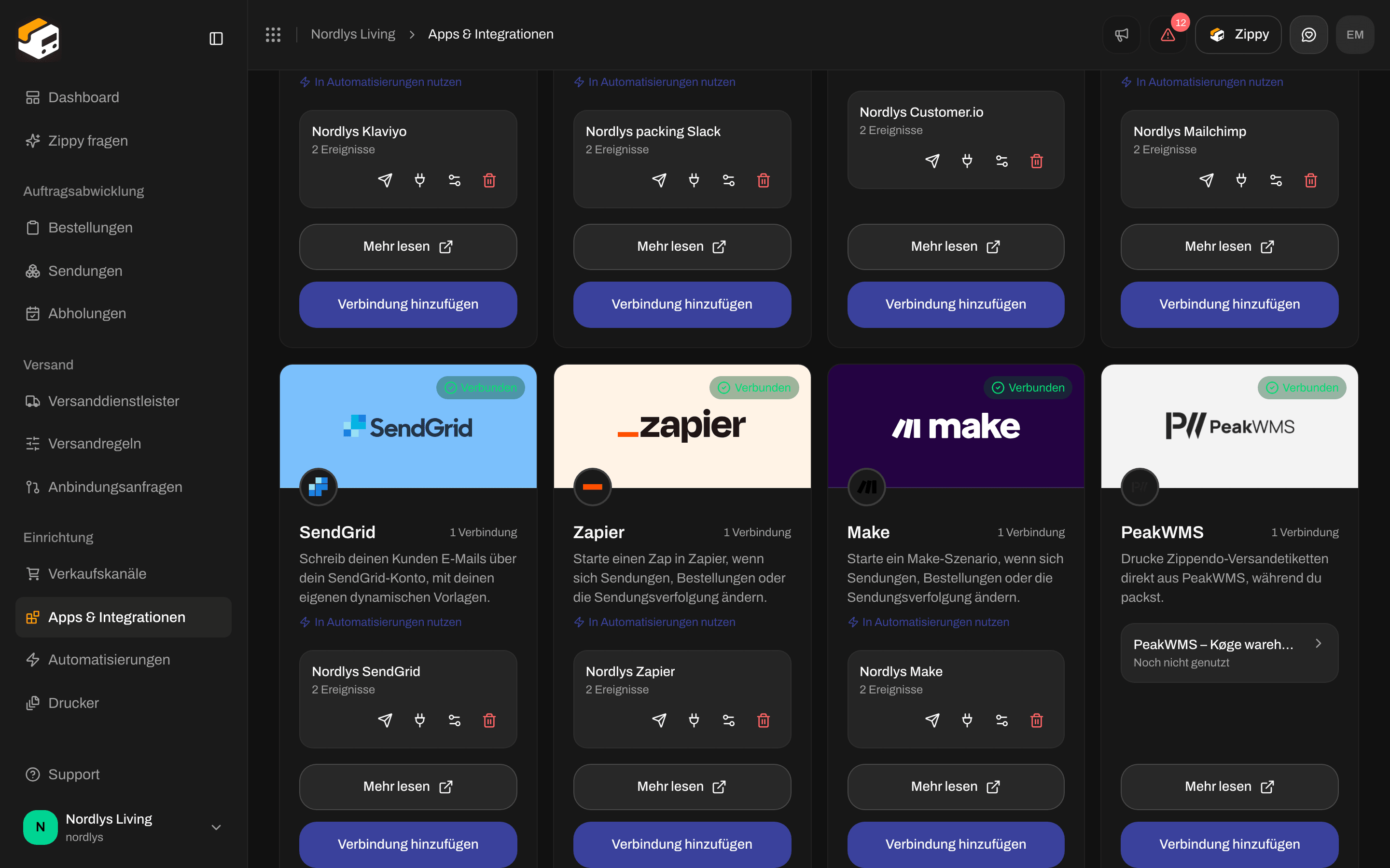 Tab Verbunden mit einer Zapier-Verbindung und den Symbolen für Test, Zustellprotokoll, Bearbeiten und Löschen