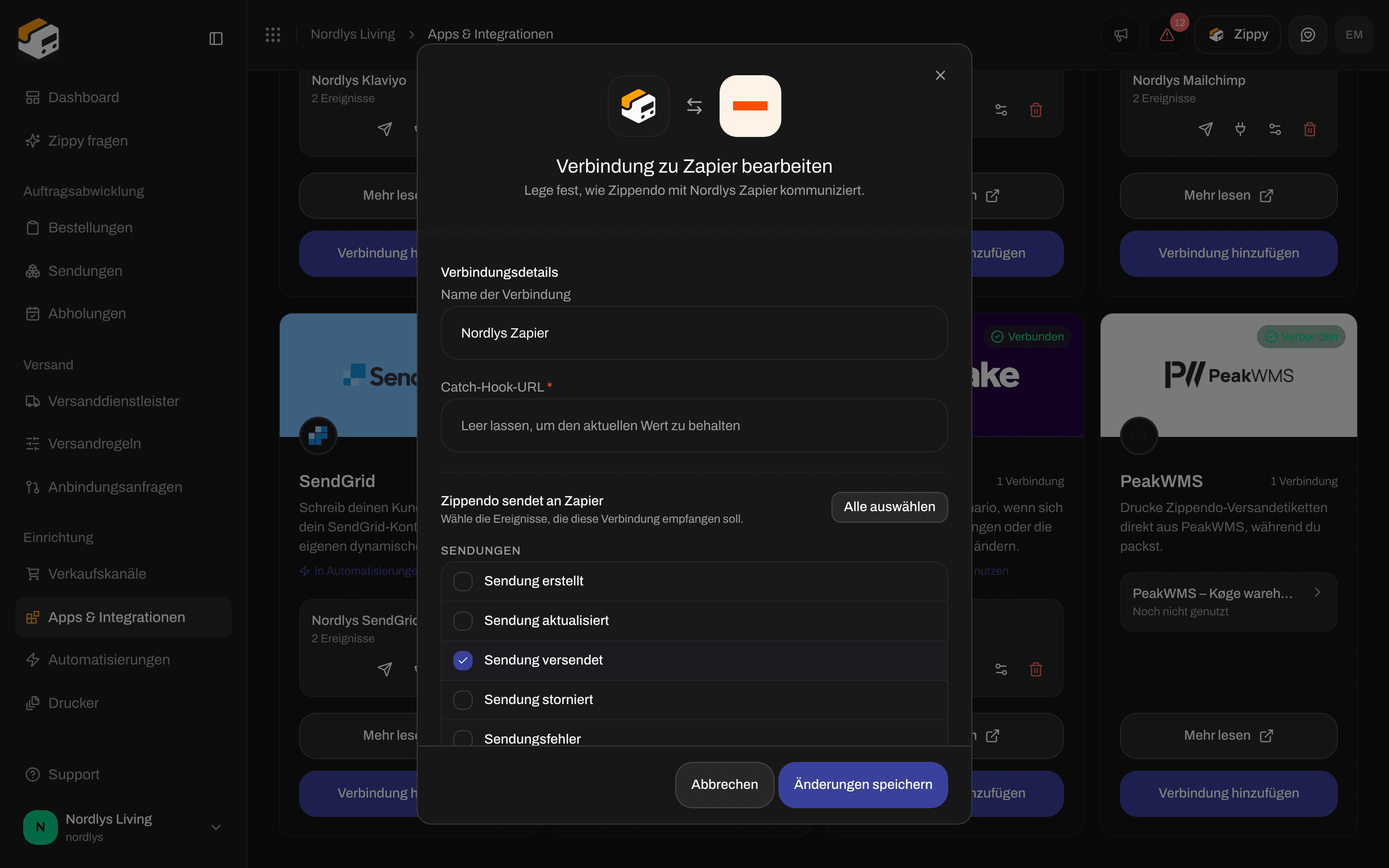 Bearbeitungsfenster für eine Zapier-Verbindung mit dem Namen der Verbindung, einem leeren Catch-Hook-Feld und den Ereignissen