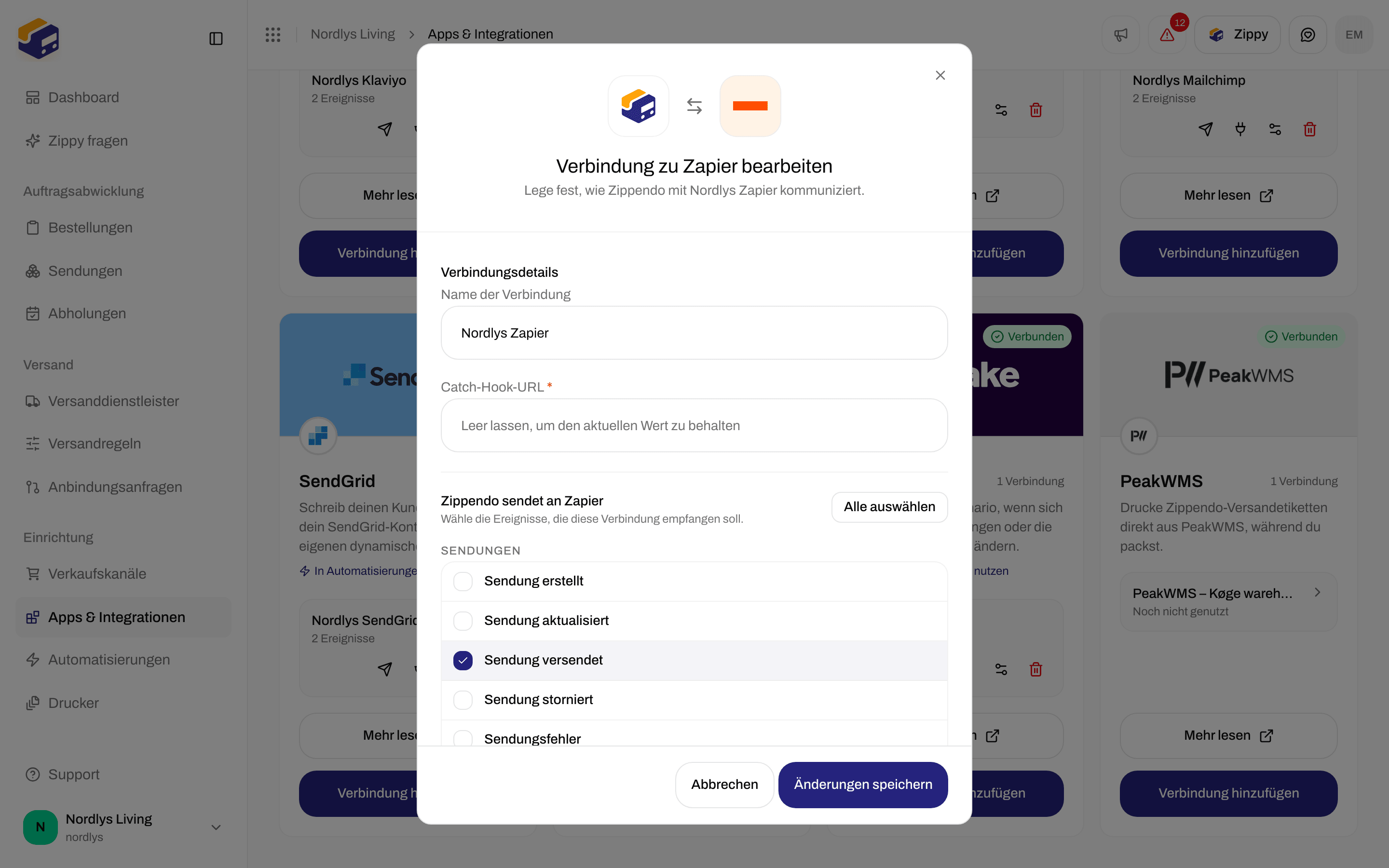 Bearbeitungsfenster für eine Zapier-Verbindung mit dem Namen der Verbindung, einem leeren Catch-Hook-Feld und den Ereignissen