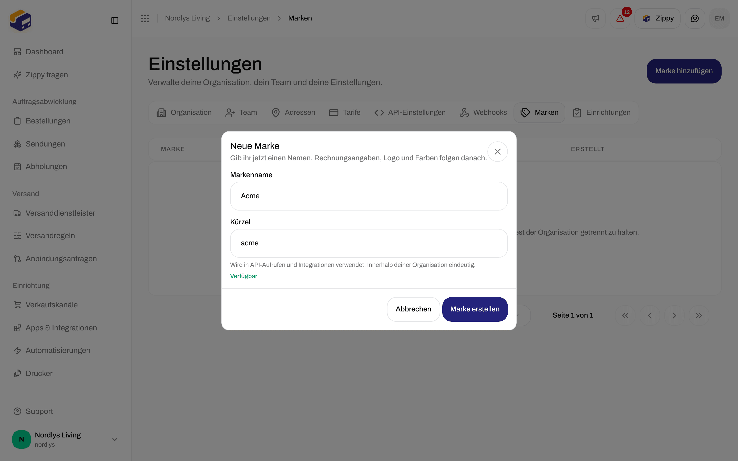 Fenster Neue Marke mit den Feldern Markenname und Kürzel