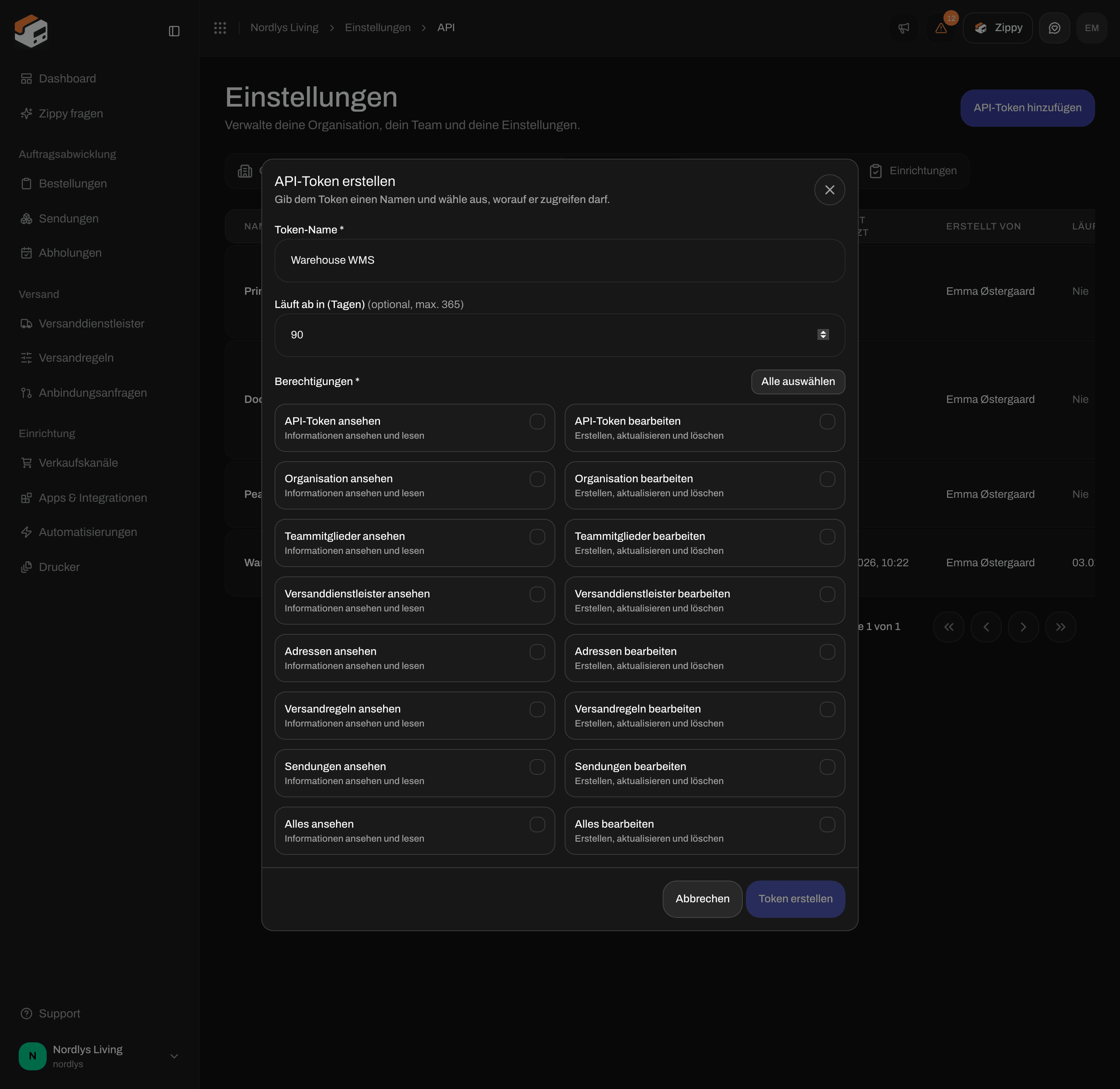 Fenster API-Token erstellen mit Token-Name, Läuft ab in (Tagen) und Kontrollkästchen für Berechtigungen