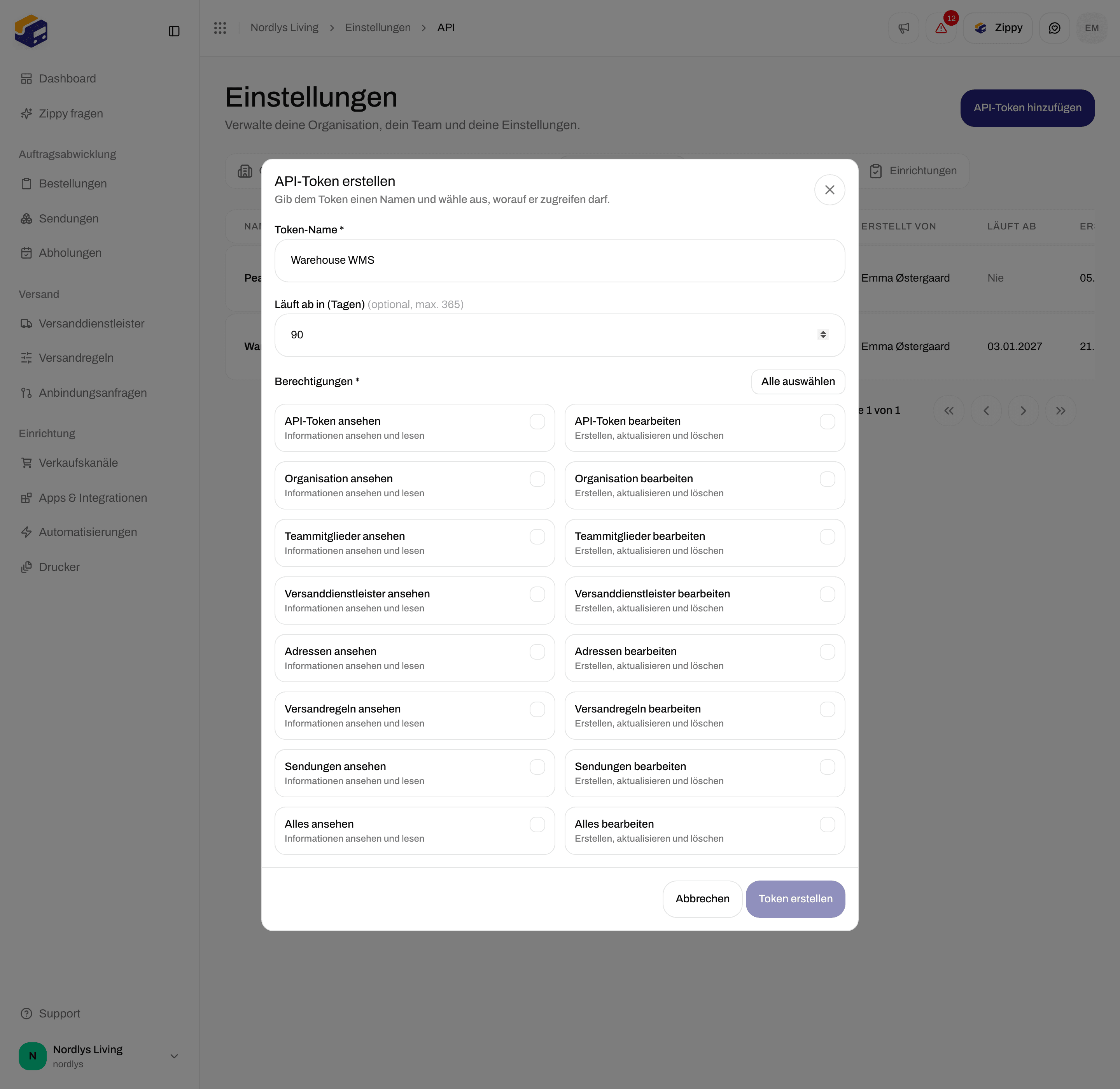 Fenster API-Token erstellen mit Token-Name, Läuft ab in (Tagen) und Kontrollkästchen für Berechtigungen
