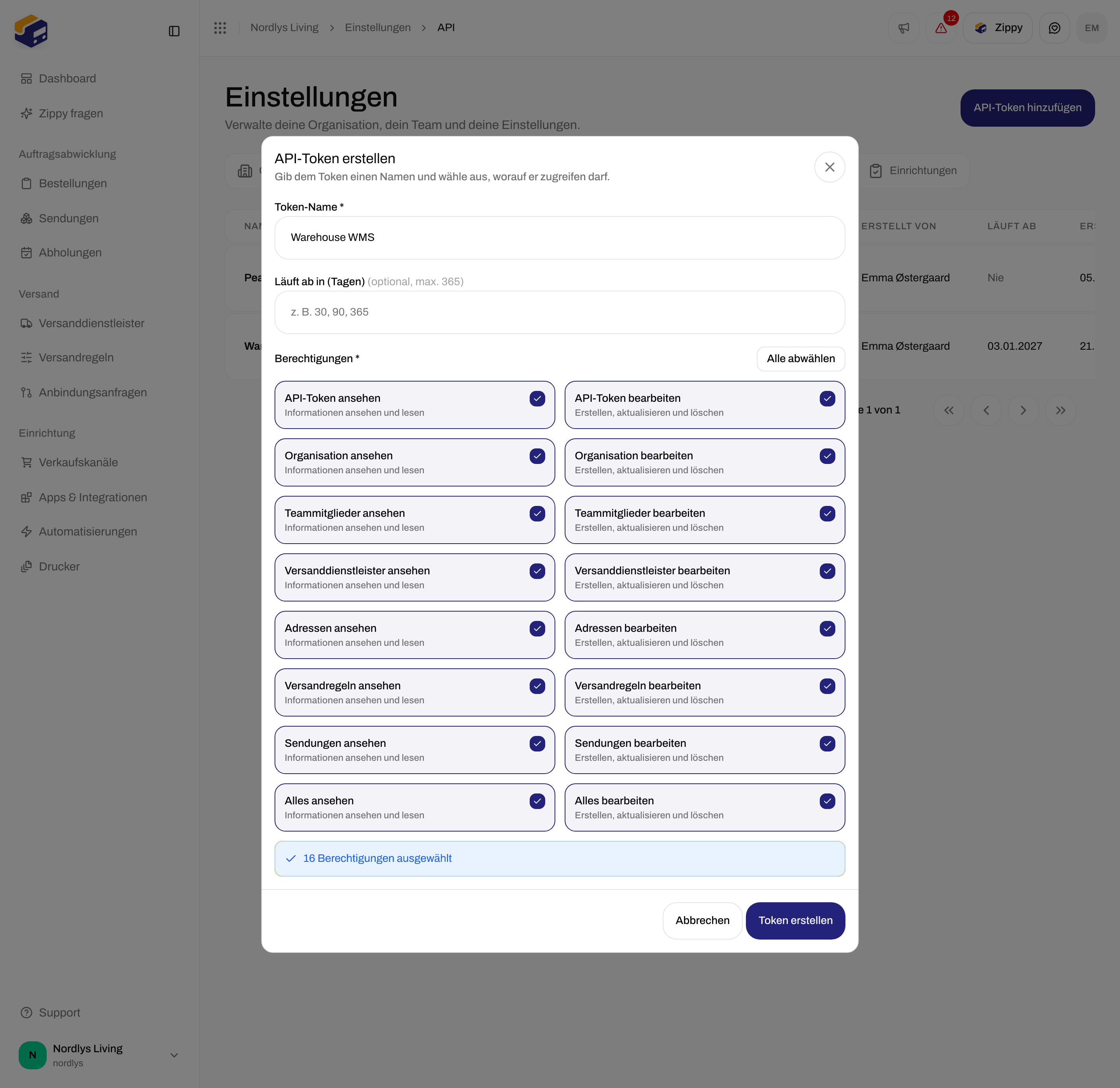 Berechtigungen beim Erstellen eines API-Tokens mit Kontrollkästchen zum Lesen und Schreiben, darunter Alles ansehen und Alles bearbeiten