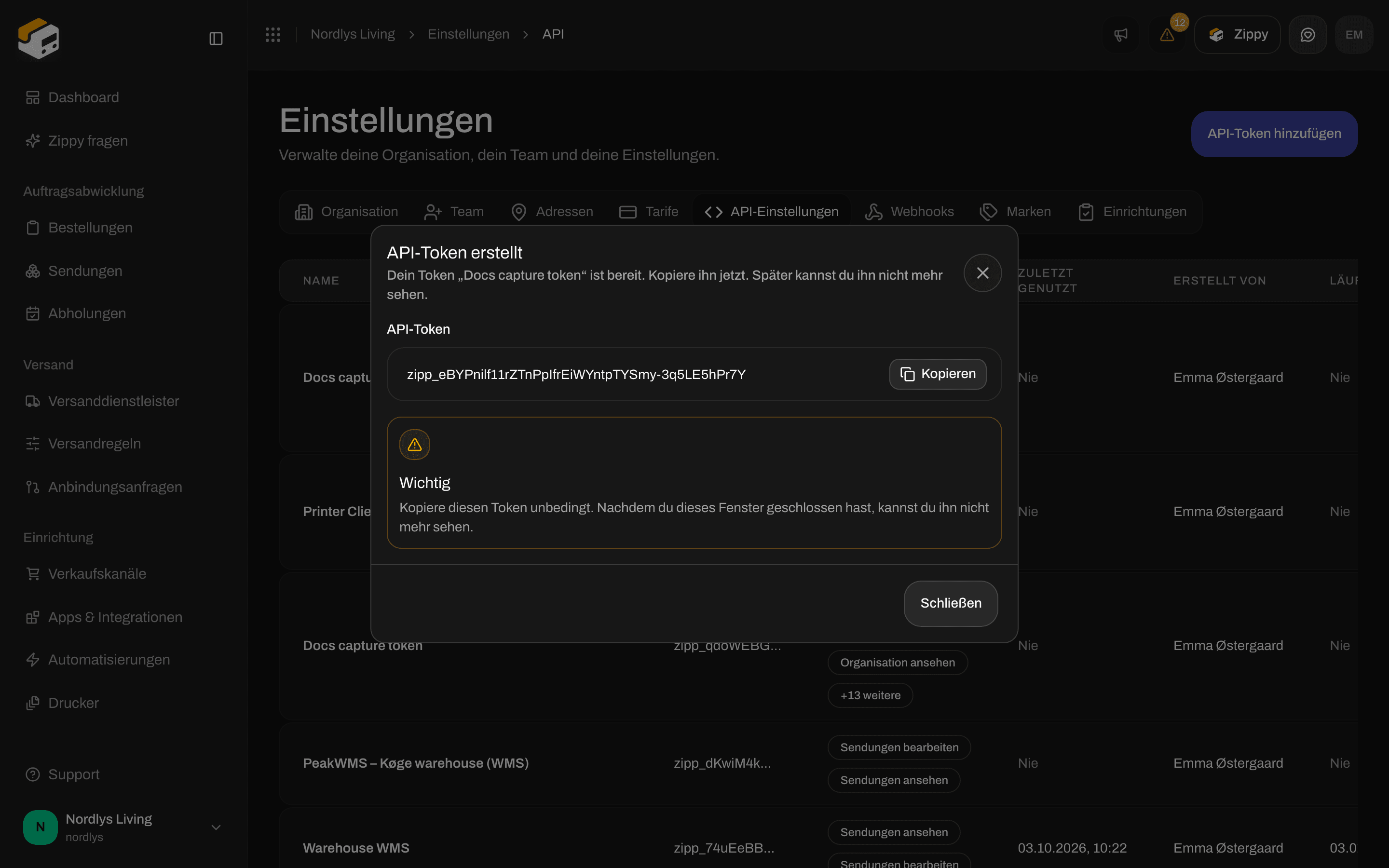 Fenster API-Token erstellt mit dem Token, einer Schaltfläche Kopieren und einem Hinweis Wichtig