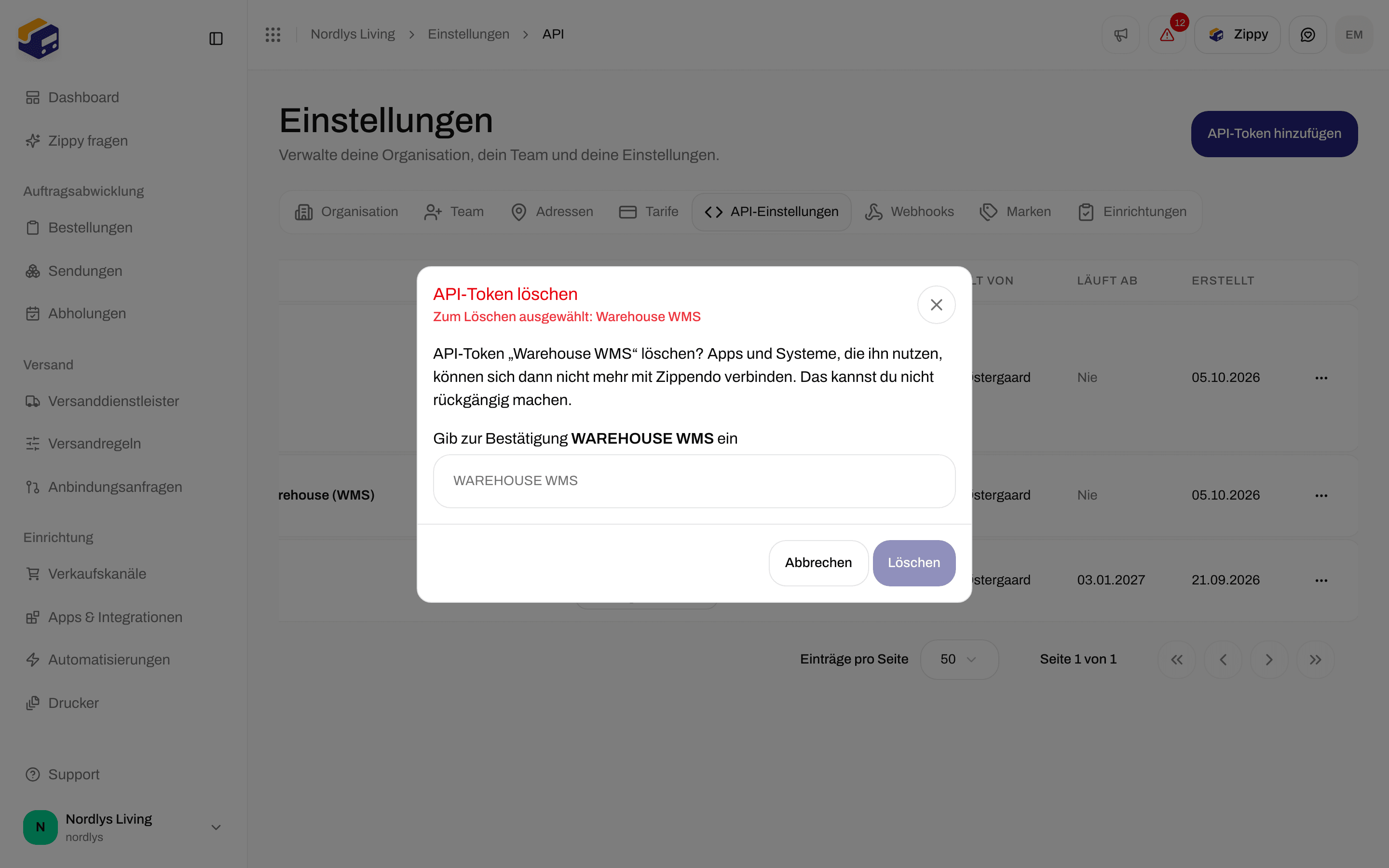 Fenster API-Token löschen mit einem Feld, in das du den Namen zur Bestätigung eingibst