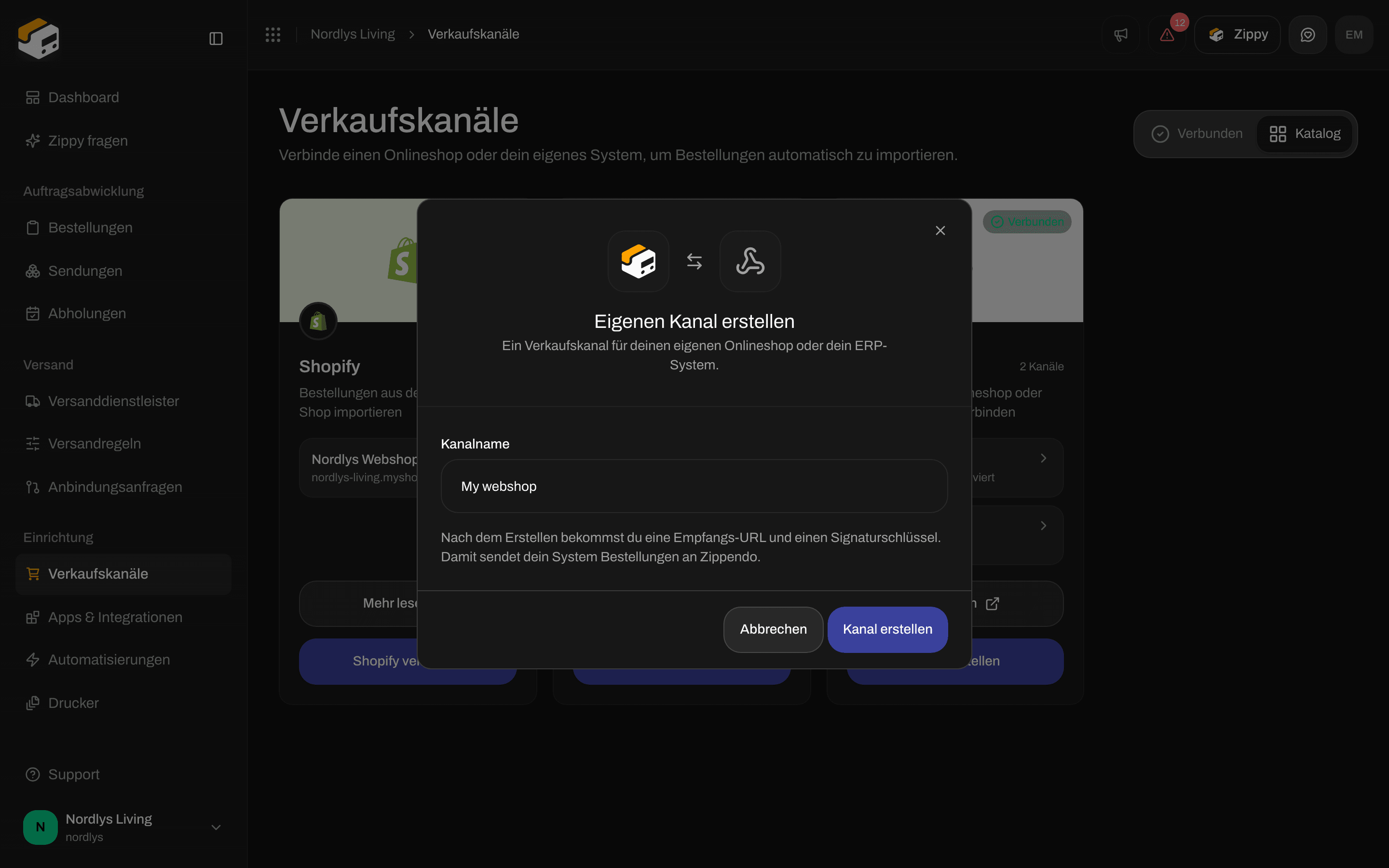 Fenster Eigenen Kanal erstellen mit dem Kanalname Mein Onlineshop, Kanal erstellen und Abbrechen