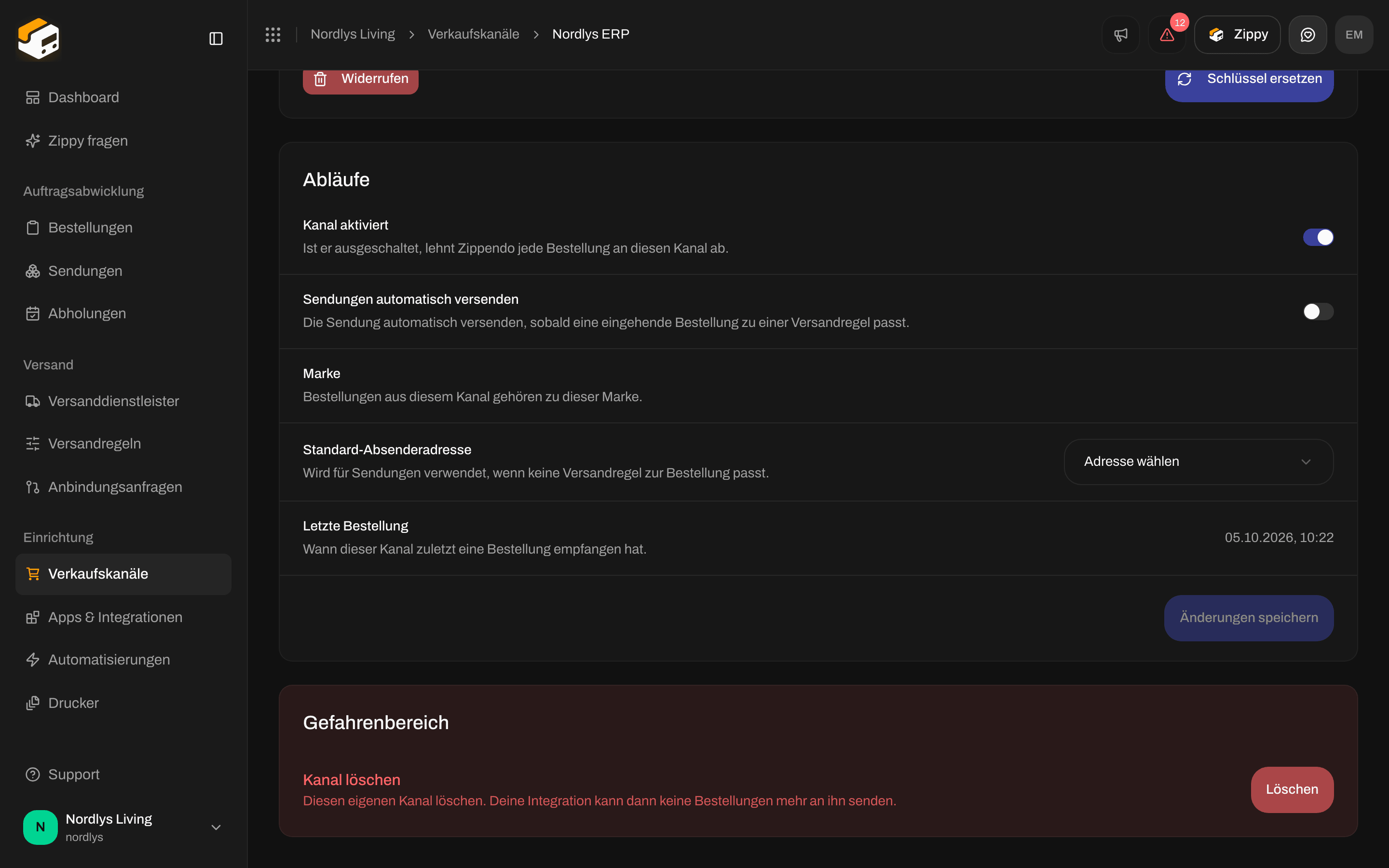 Karte Abläufe mit eingeschaltetem Kanal aktiviert, Sendungen automatisch versenden, Standard-Absenderadresse, Letzte Bestellung und Änderungen speichern