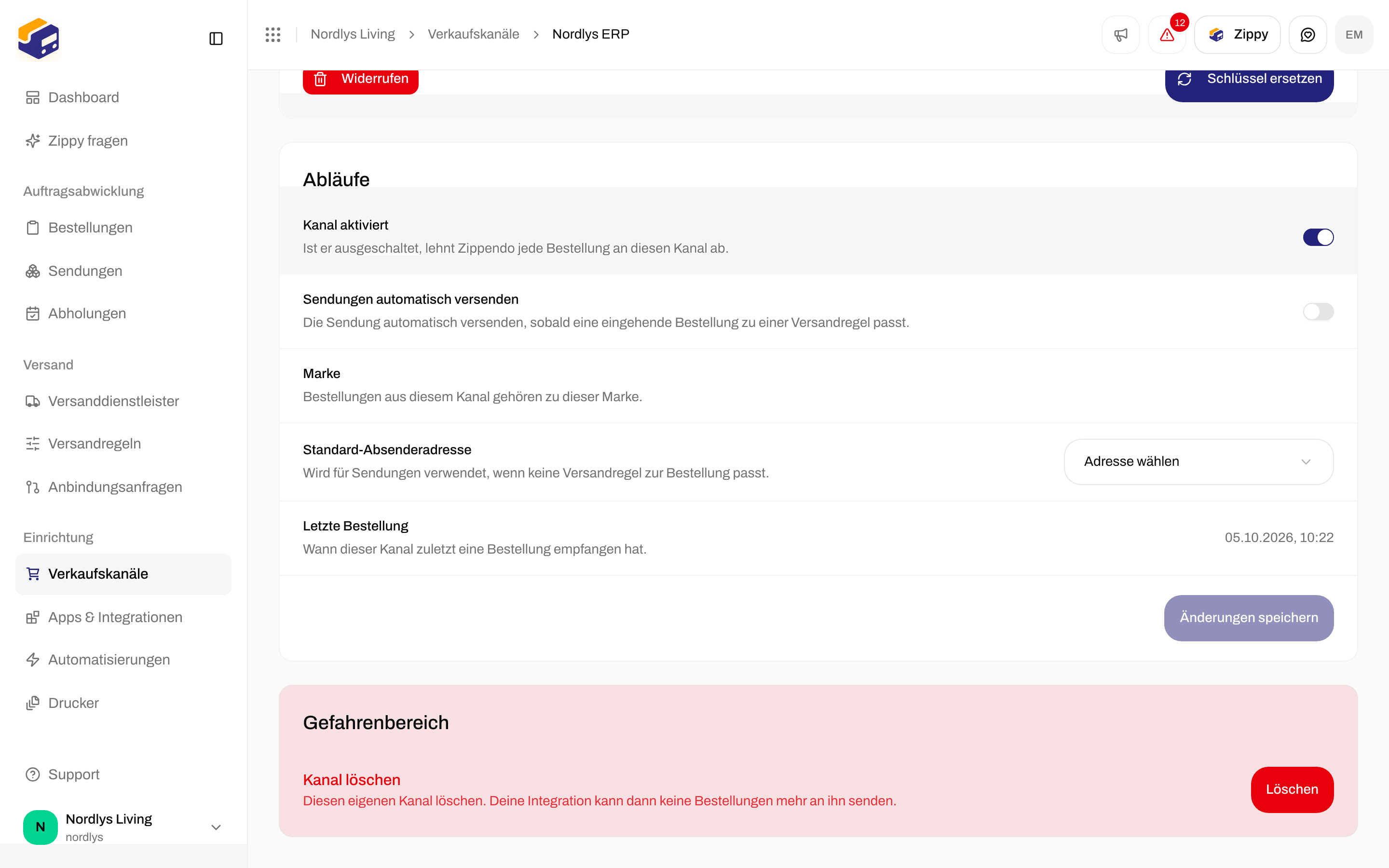 Karte Abläufe mit eingeschaltetem Kanal aktiviert, Sendungen automatisch versenden, Standard-Absenderadresse, Letzte Bestellung und Änderungen speichern